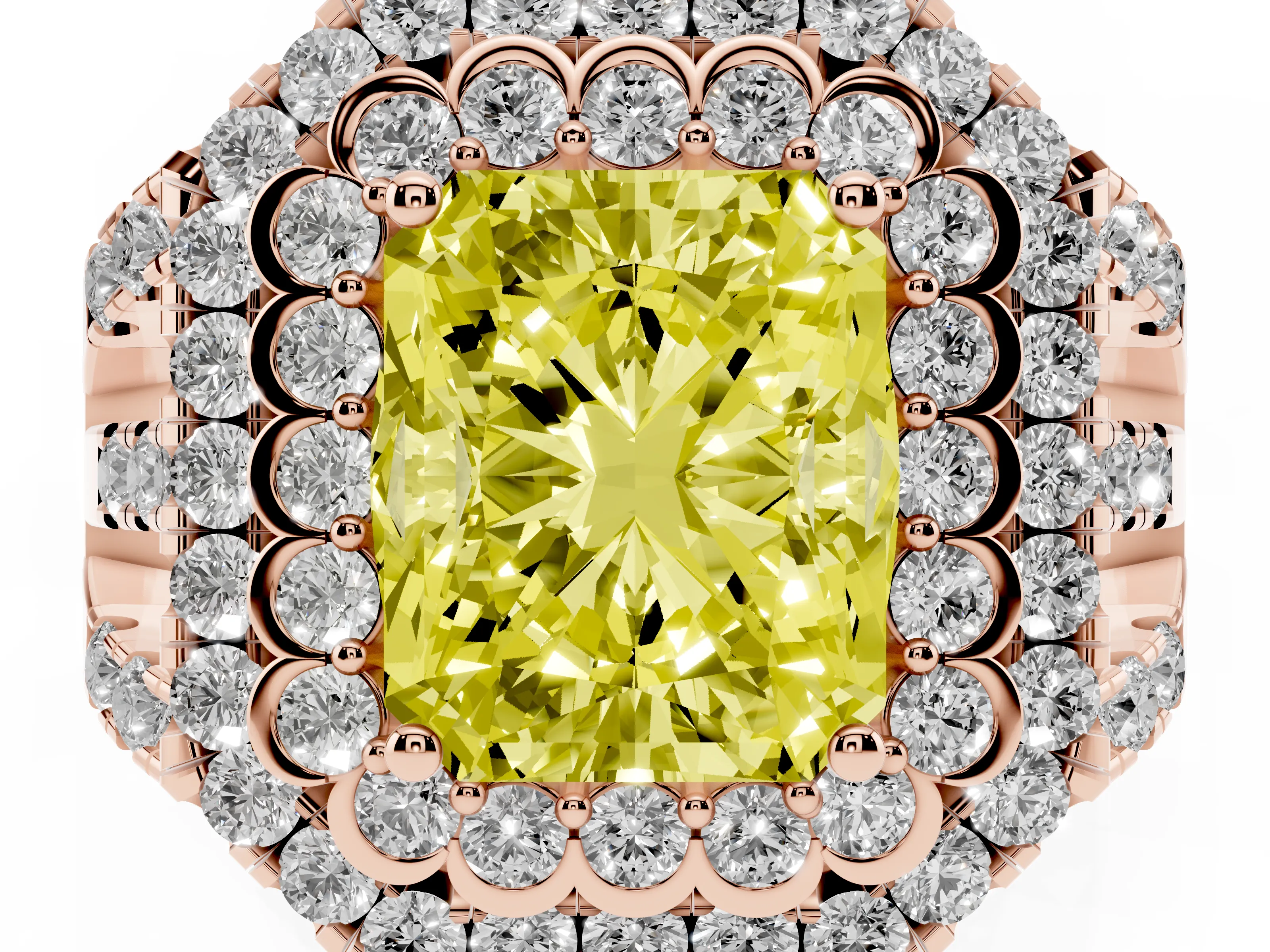 Fancy Yellow Radiant Cut Diamond Double Halo Ring Set in Rose gold with Round Pavé Split Shank