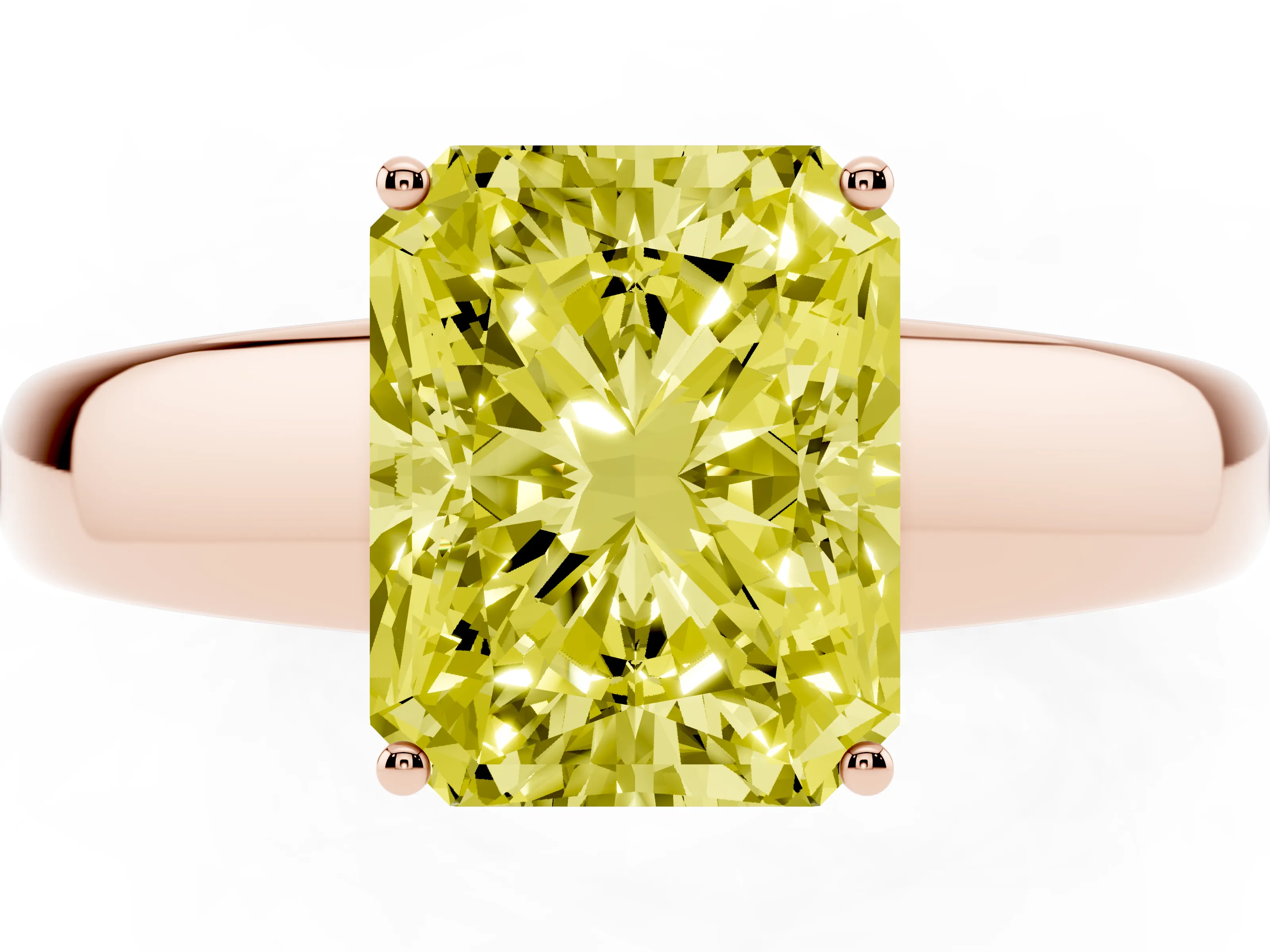 Fancy Yellow Radiant Cut Diamond Solitaire Ring Set in Rose gold with Tapered Band and Prong Setting