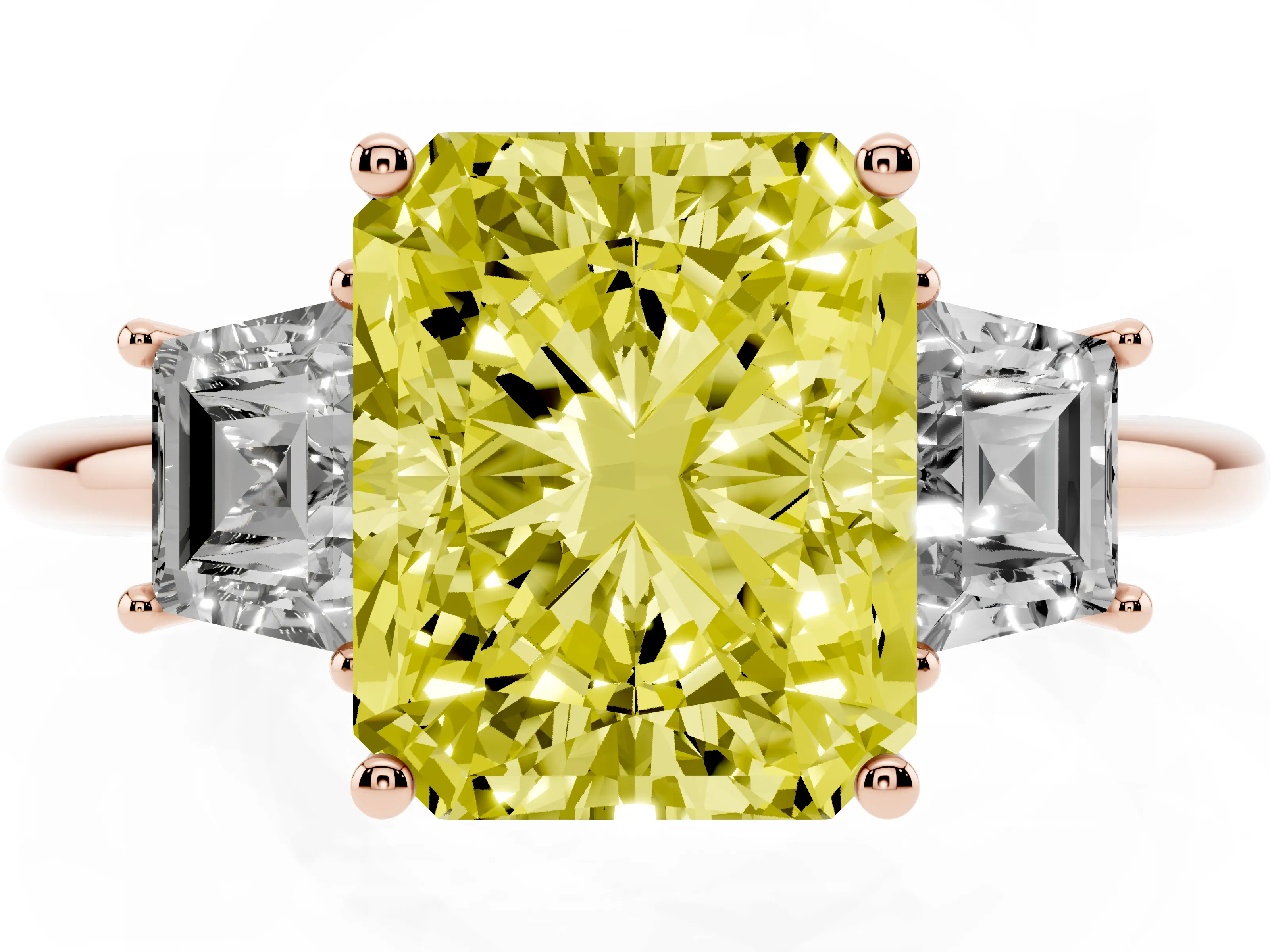 Fancy Yellow Radiant Cut Diamond Three-Stone Ring Set in Rose gold with Trapezoid Side Stones and Prong Setting