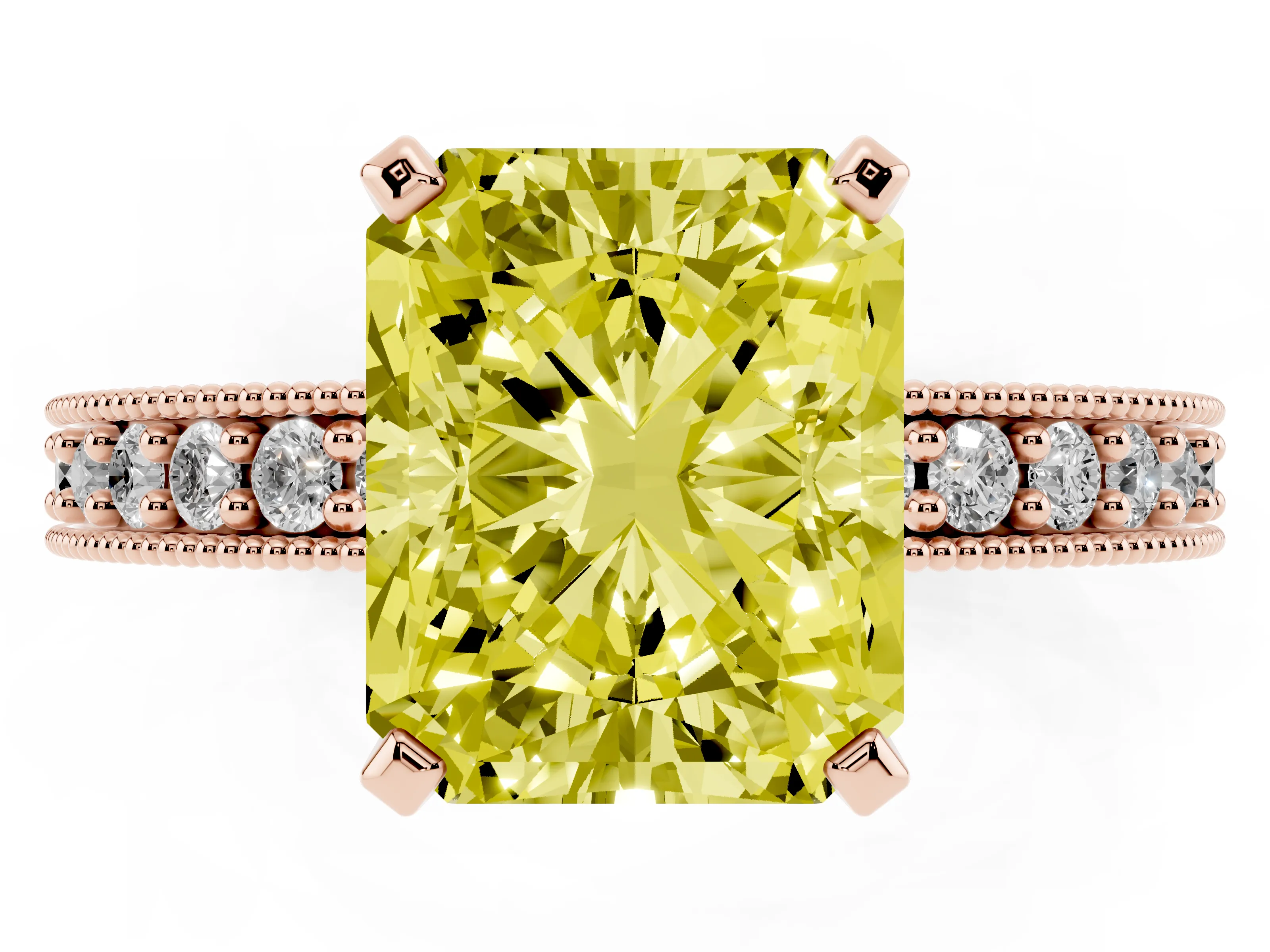 Fancy Yellow Radiant Cut Diamond Milgrain Pavé Engagement Ring Set in Rose gold with Prong Setting