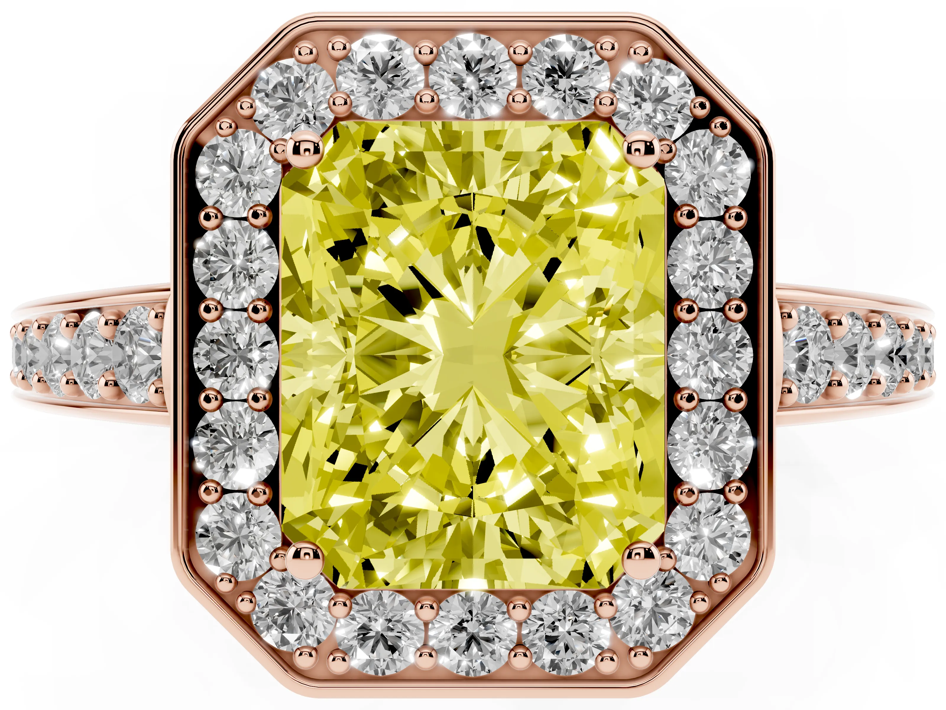 Fancy Yellow Radiant Cut Diamond Halo Pavé Engagement Ring Set in Rose gold with Bezel Setting