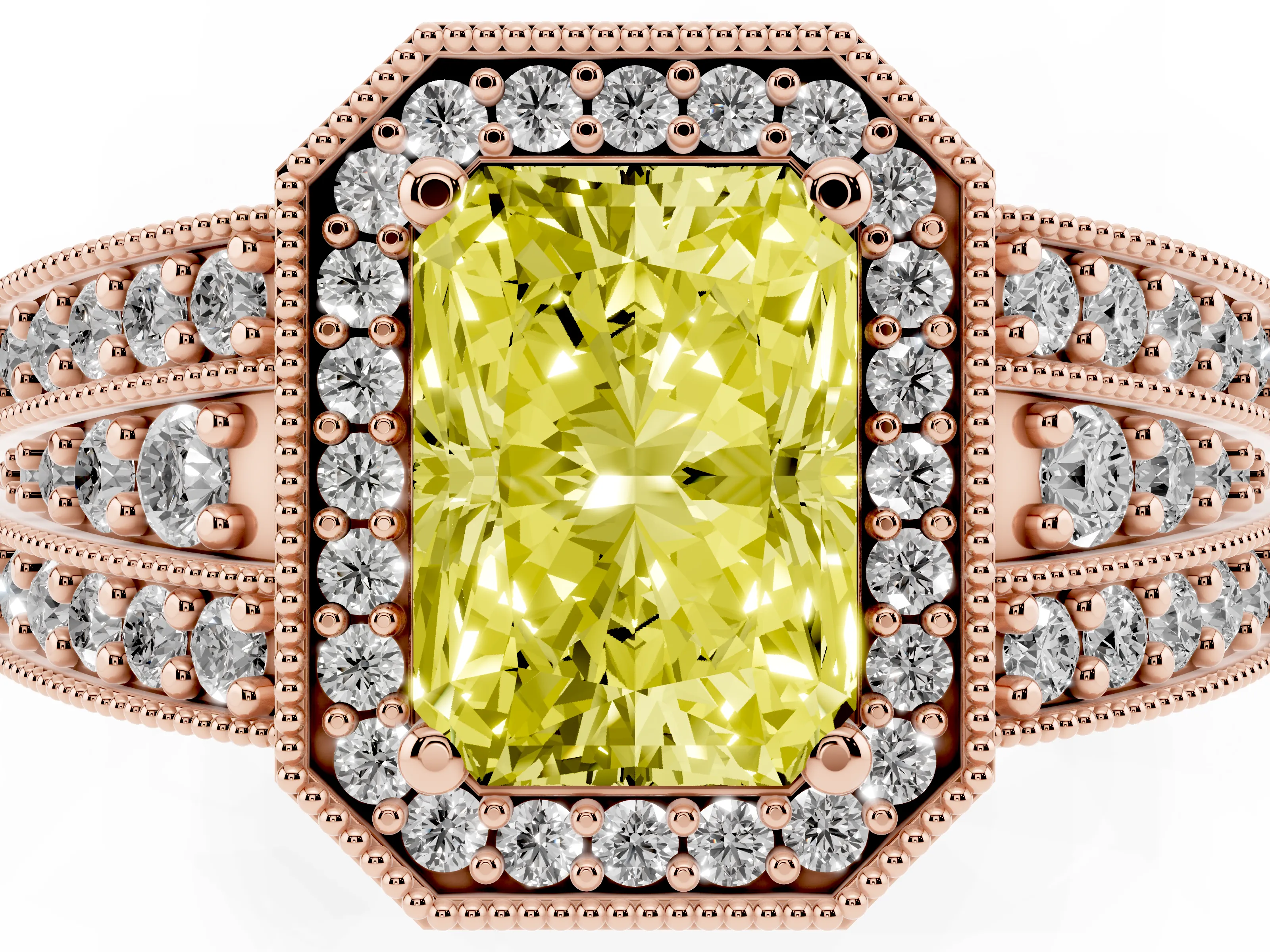Fancy Yellow Radiant Cut Diamond Halo Ring Set in Rose gold with Accent Split Shank and Prong Setting