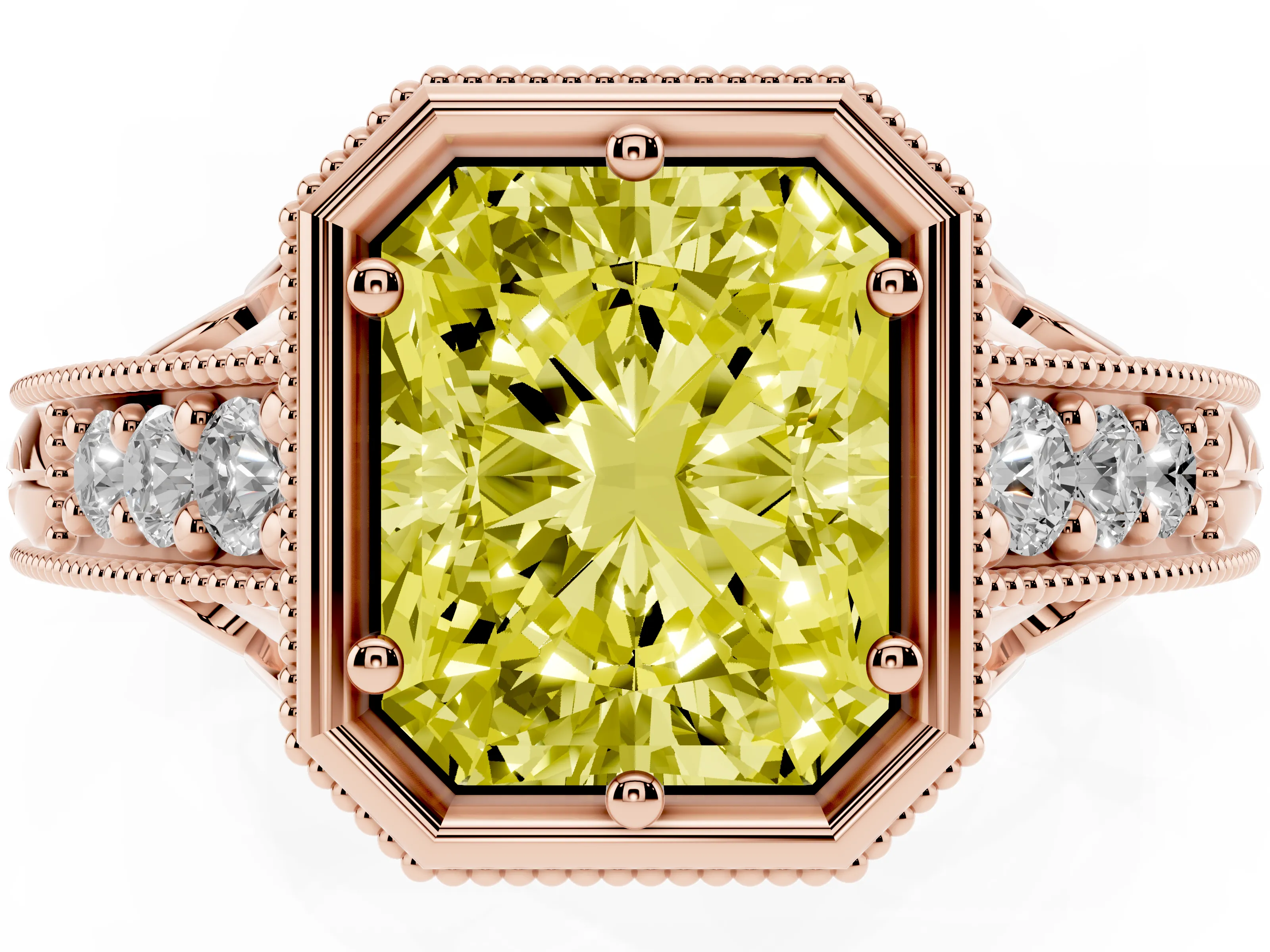 Fancy Yellow Bezel Set Radiant Cut Diamond Milgrain Pavé Engagement Ring Set in Rose gold