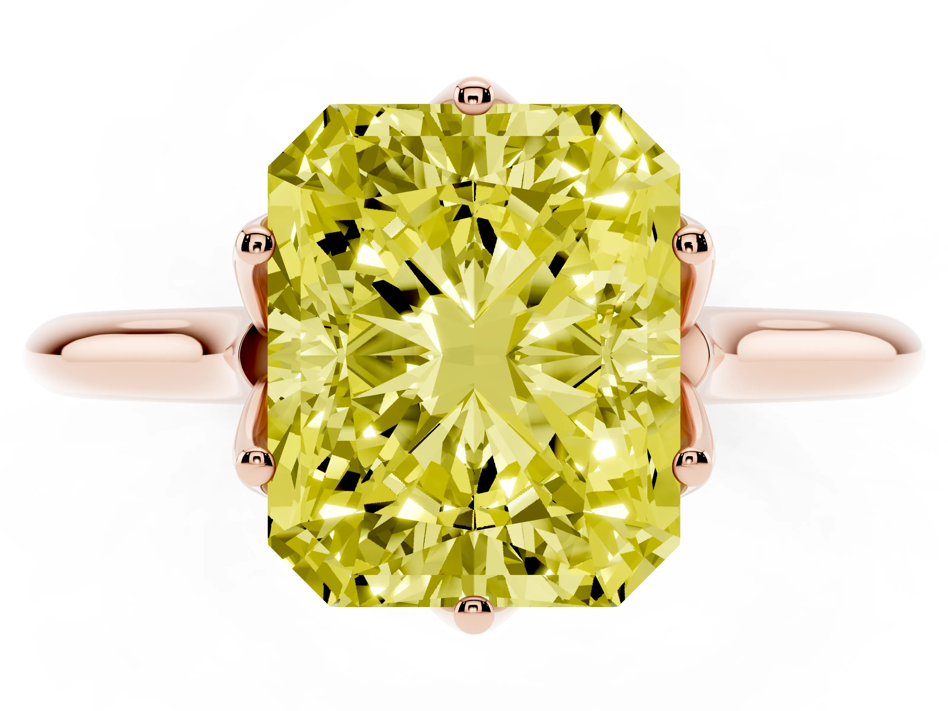 Fancy Yellow Radiant Cut Diamond Solitaire Cathedral Ring Set in Rose gold with Prong Setting