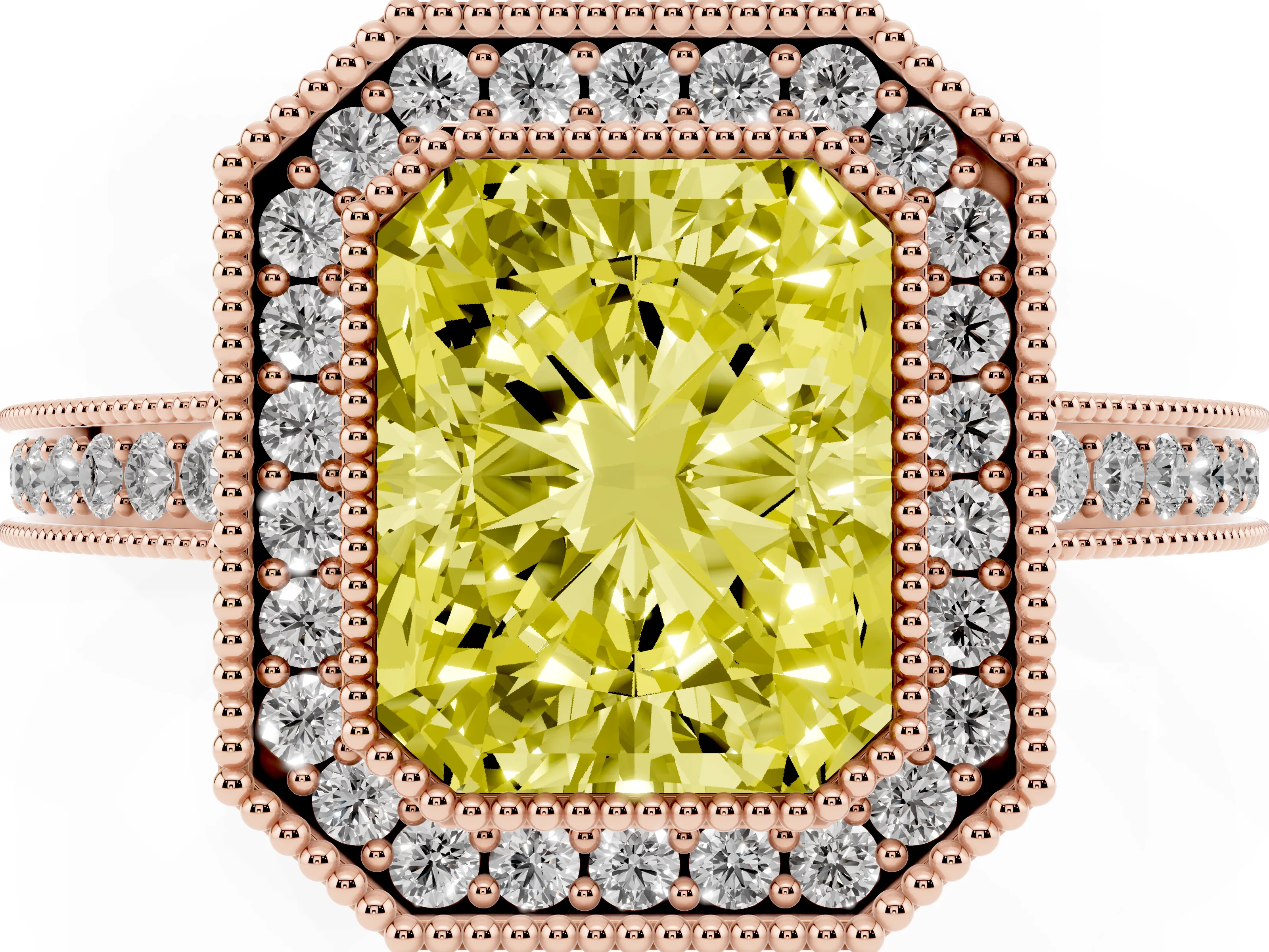 Fancy Yellow Radiant Cut Diamond Halo Ring Set in Rose gold with Pavé Band and Milgrain-Edged Prongs
