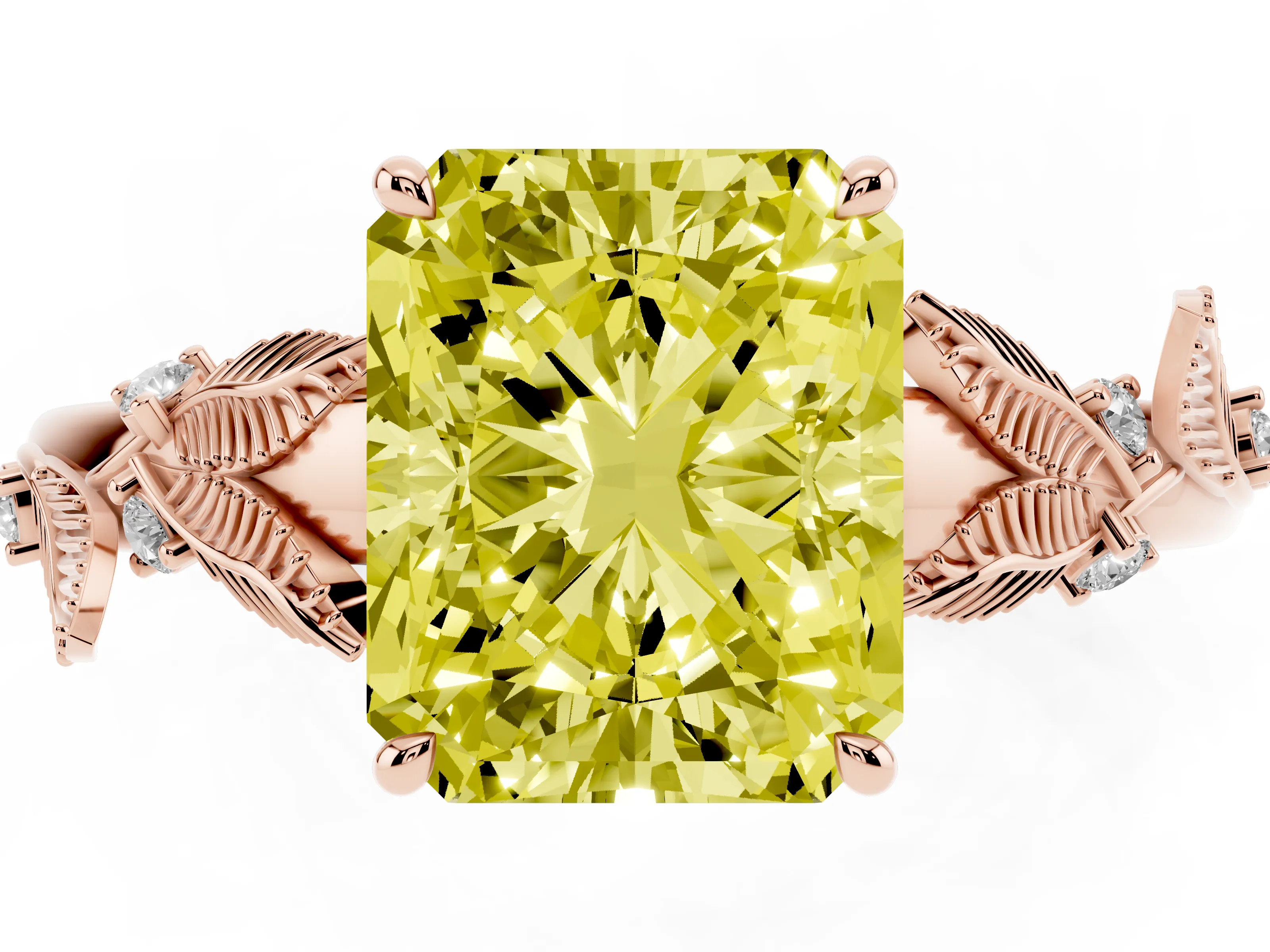 Fancy Yellow Radiant Cut Diamond Solitaire Ring Set in Rose gold with Leaf Motif Band
