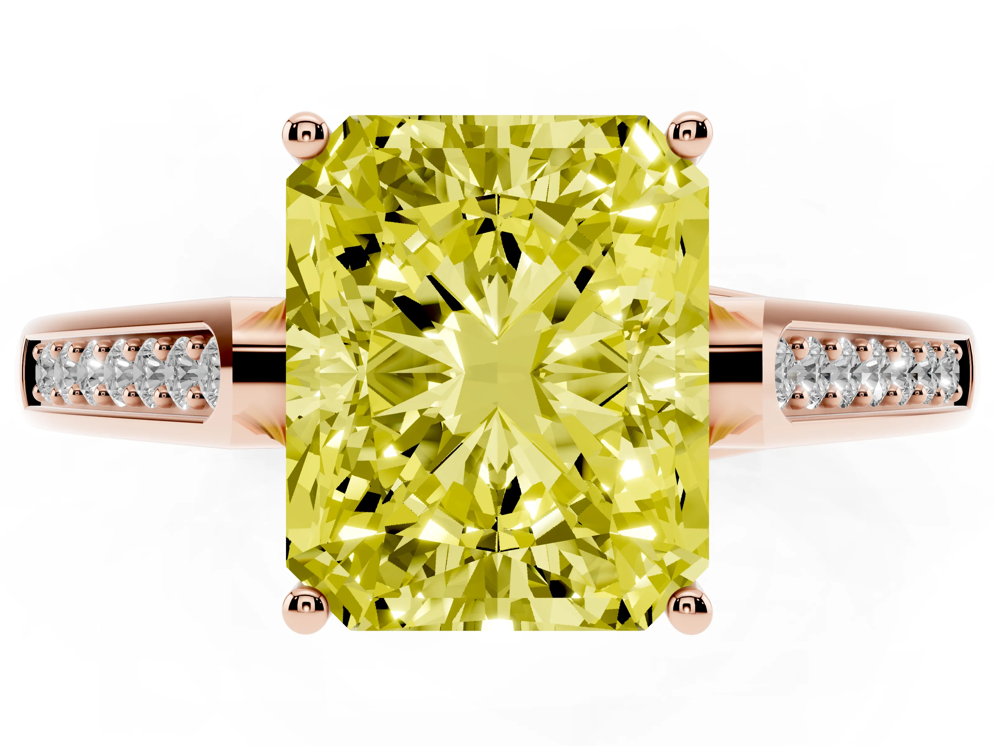 Fancy Yellow Radiant Cut Diamond Solitaire Cathedral Engagement Ring Set in Rose gold with Channel-Set Band and Prong Setting