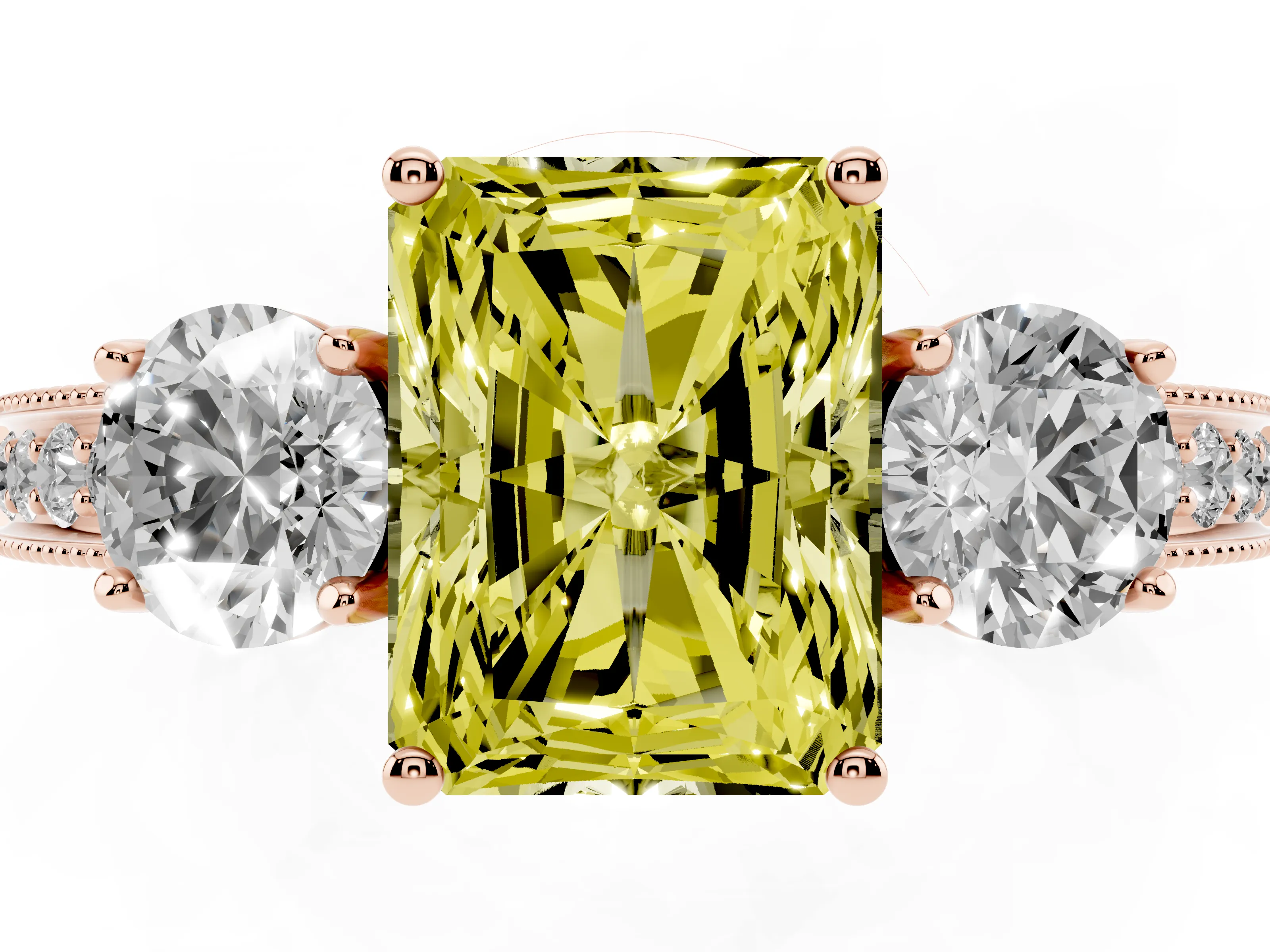 Fancy Yellow Radiant Cut Diamond Three-Stone Ring Set in Rose gold with Round Side Stones and Pavé Band