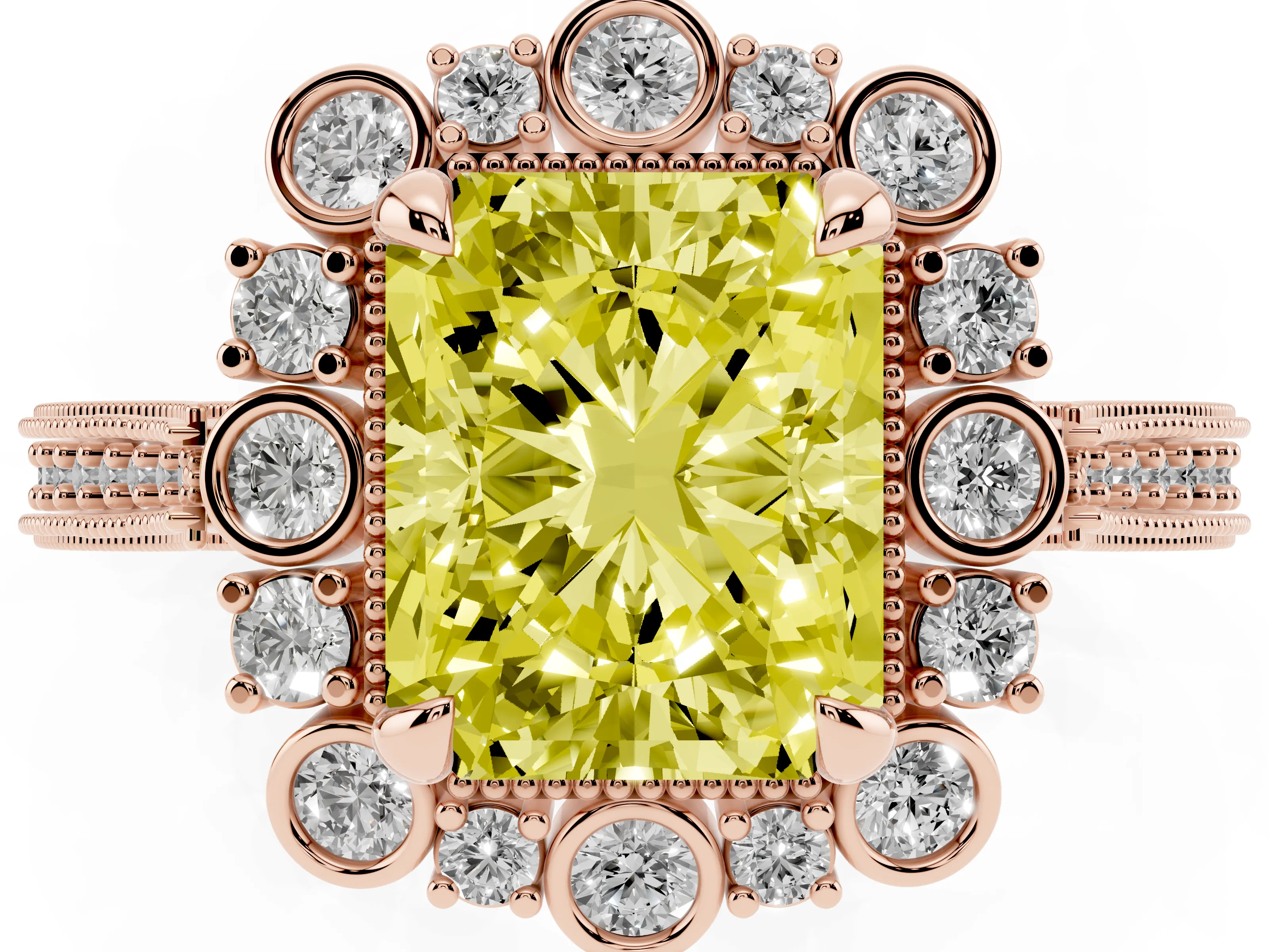 Fancy Yellow Radiant Cut Diamond Halo Milgrain Pavé Ring Set in Rose gold with Prong Setting