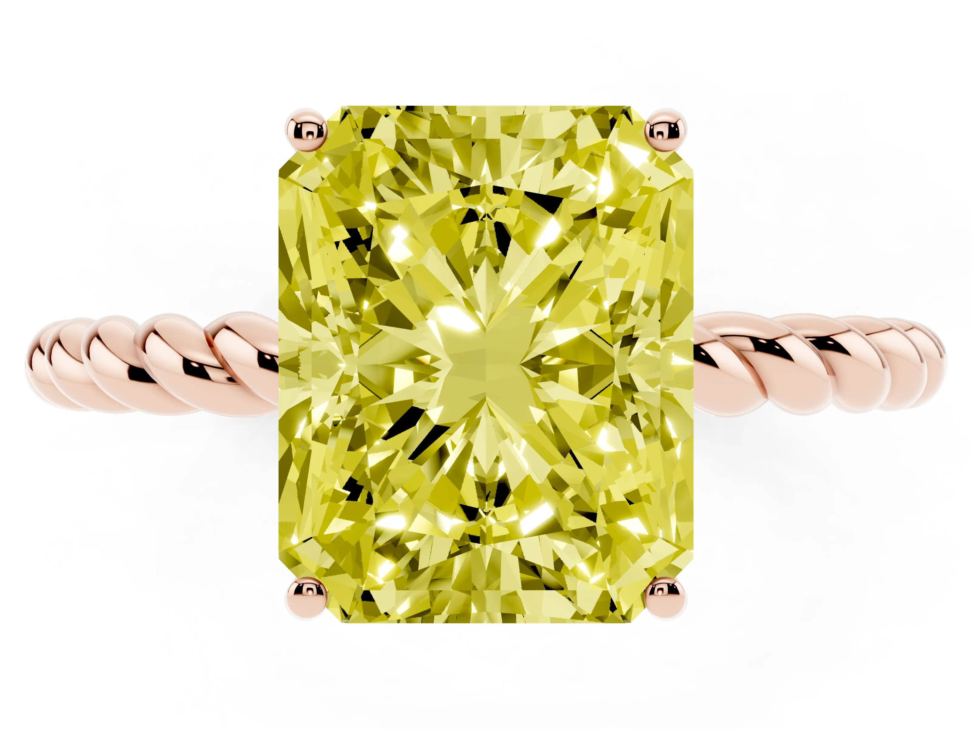 Fancy Yellow Radiant Cut Diamond Solitaire Ring Set in Rose gold with Twist Band and Prong Setting