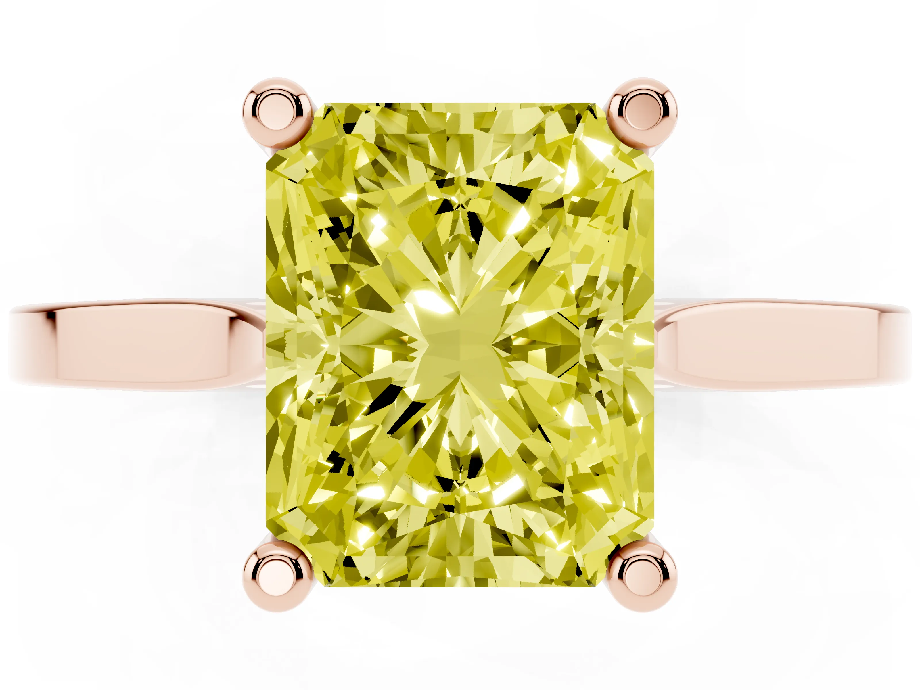 Fancy Yellow Radiant Cut Diamond Solitaire Ring Set in Rose gold with Prong Setting and Tapered Band