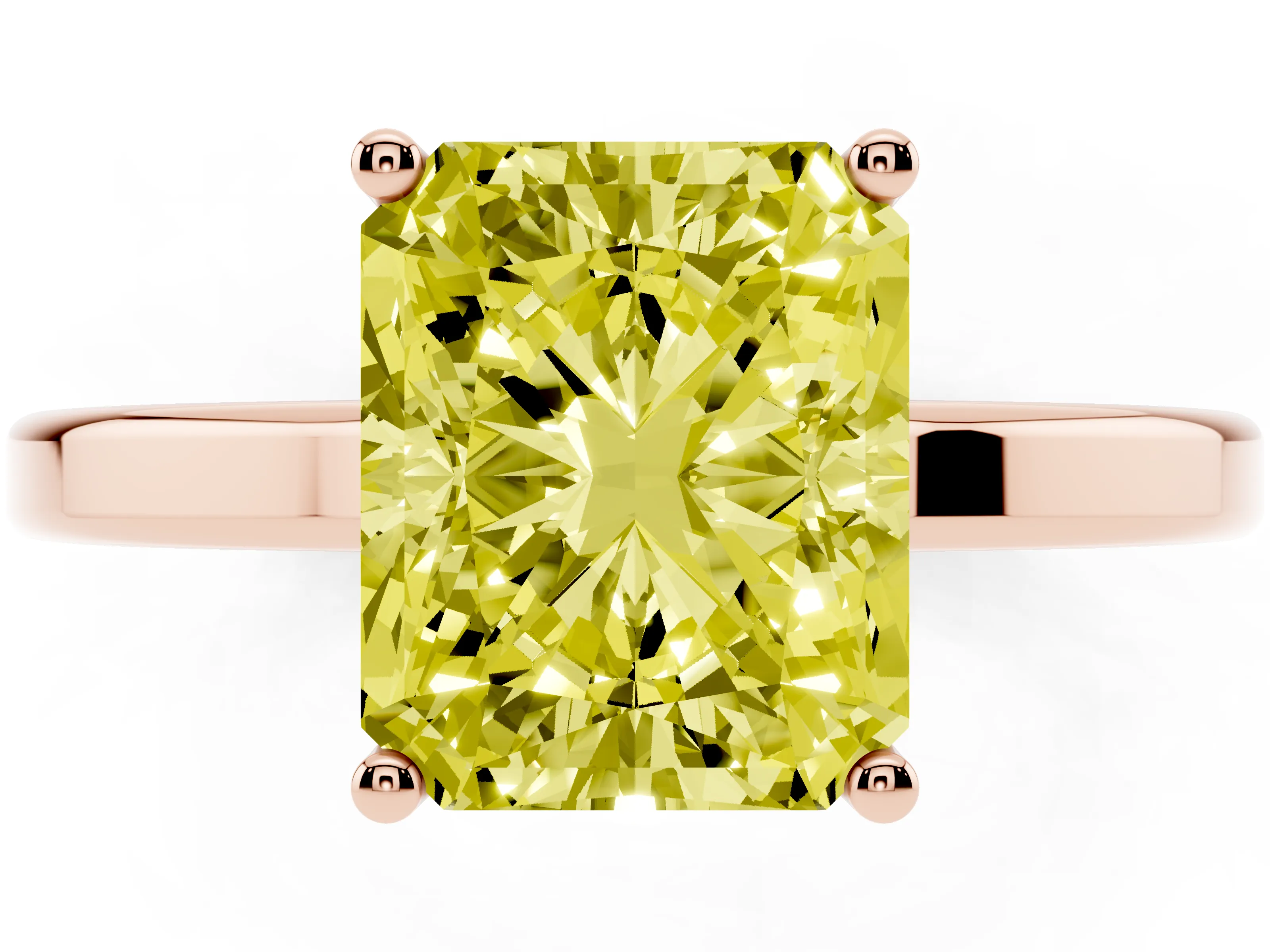 Fancy Yellow Radiant Cut Diamond Solitaire Engagement Ring Set in Rose gold with Prong Setting on a Plain Band