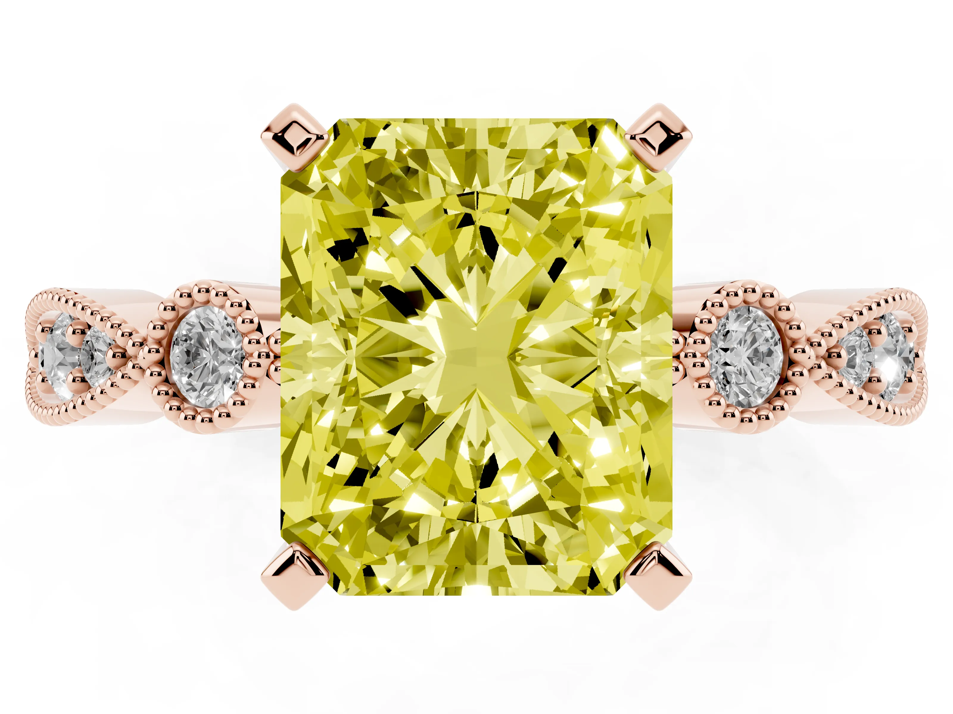 Fancy Yellow Radiant Cut Diamond Solitaire Engagement Ring Set in Rose gold with Milgrain Bezel Accent Band