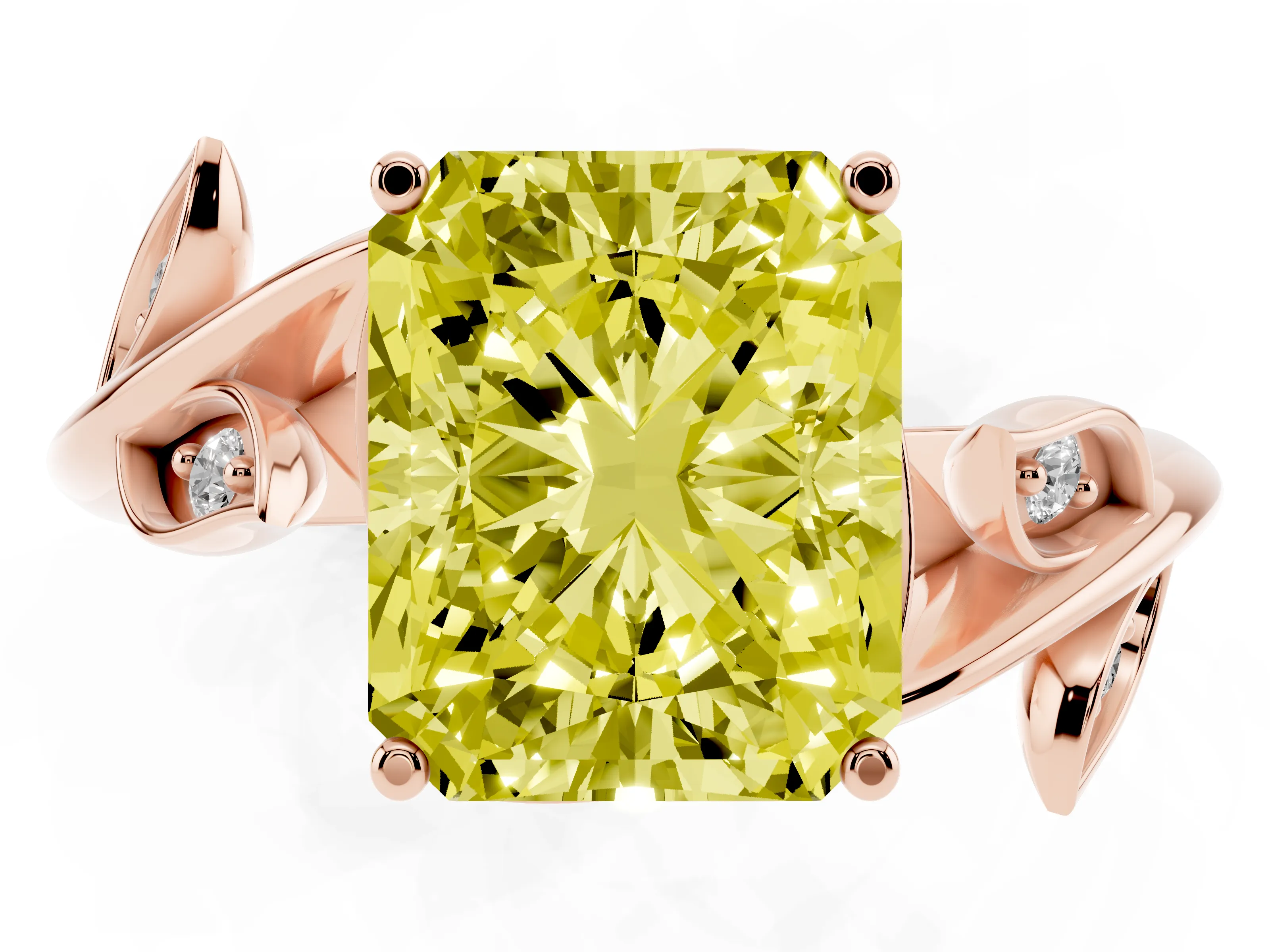 Fancy Yellow Radiant Cut Diamond Solitaire Twist Engagement Ring Set in Rose gold with Pavé Leaf Accents