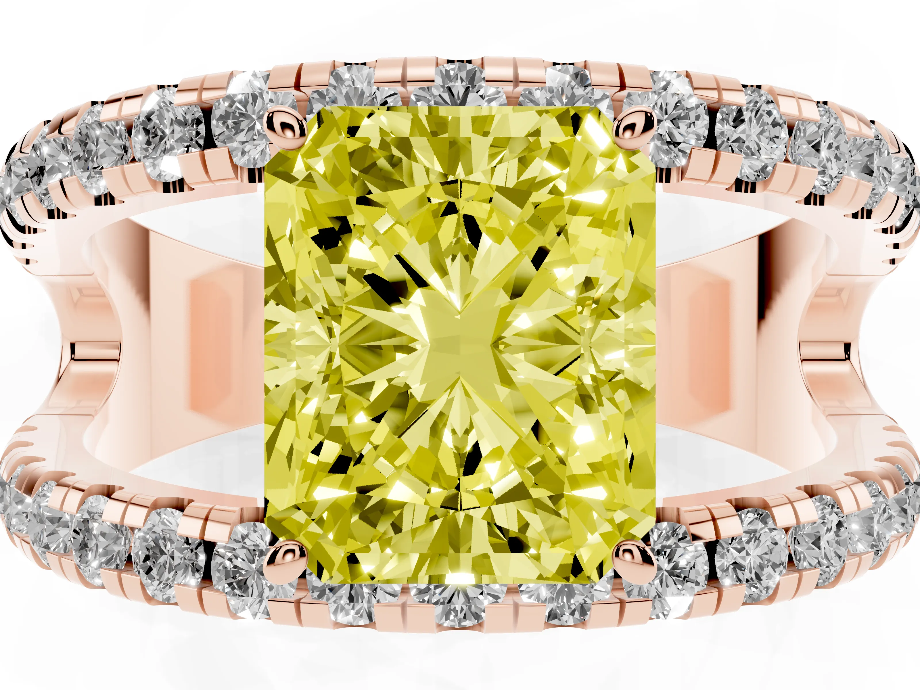 Fancy Yellow Radiant Cut Diamond Split Shank Pavé Solitaire Ring Set in Rose gold with Open Shank Design