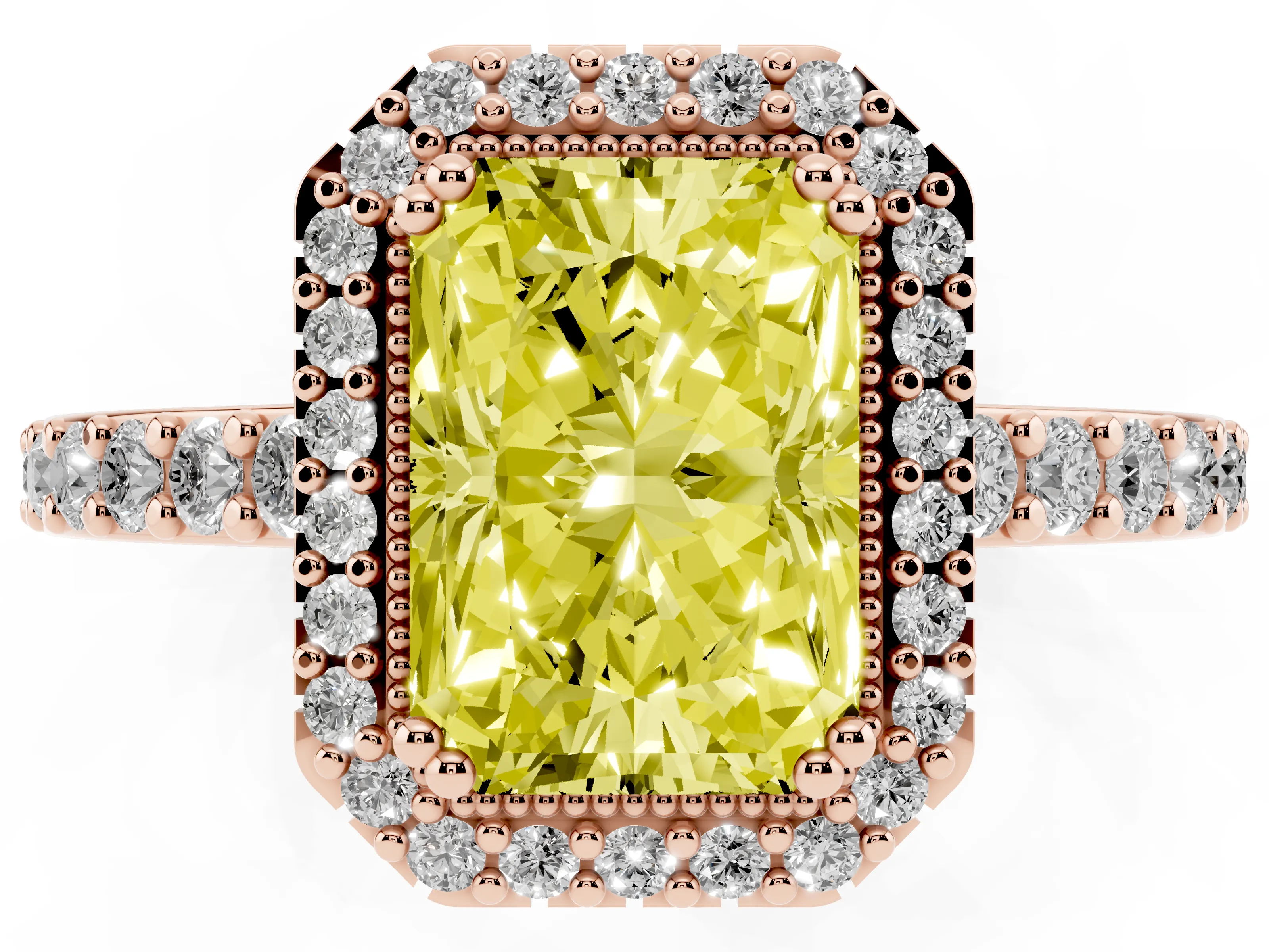 Fancy Yellow Radiant Cut Diamond Halo Engagement Ring Set in Rose gold with Milgrain Detail and Pavé Band