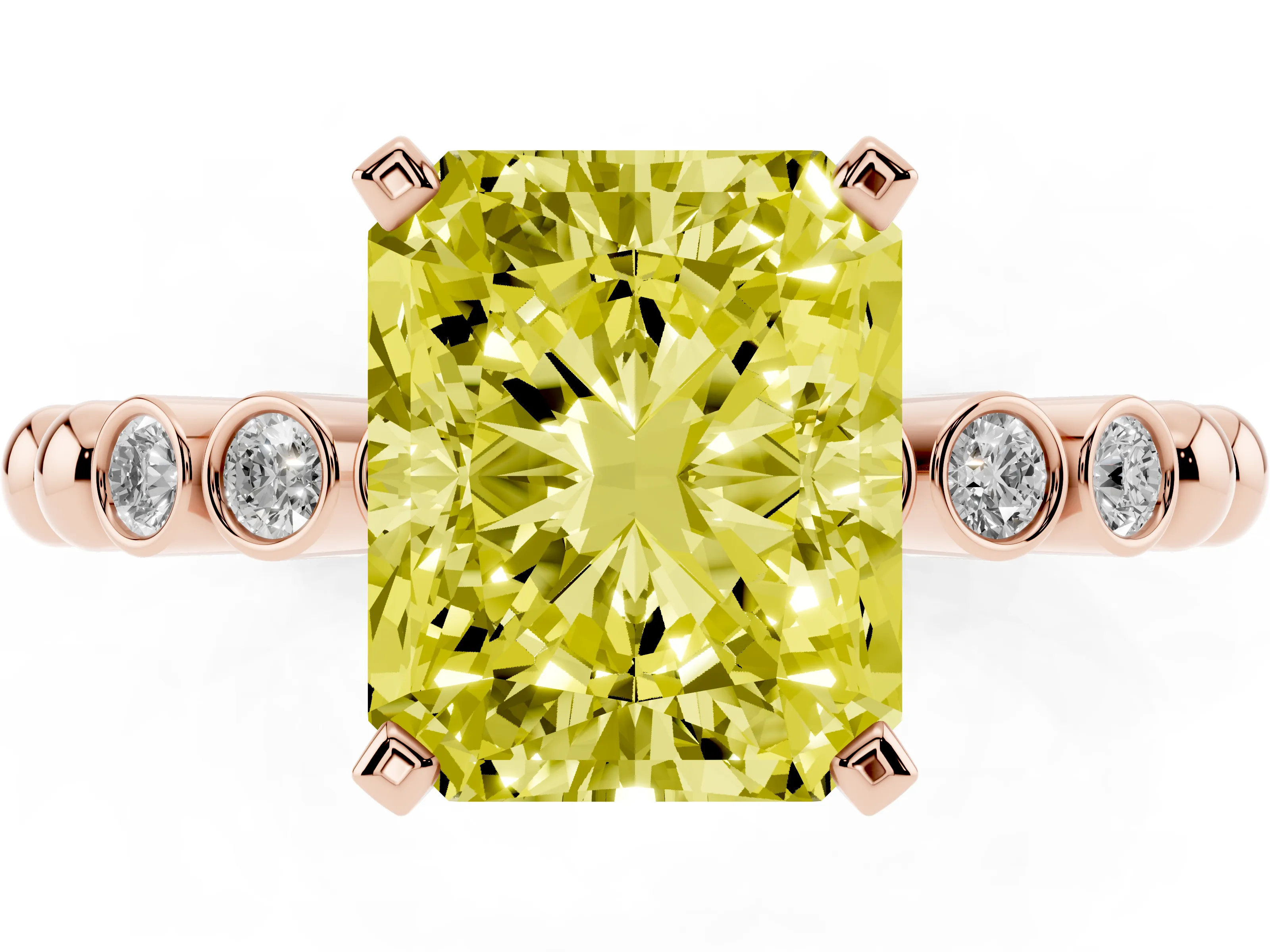 Fancy Yellow Radiant Cut Diamond Solitaire Engagement Ring Set in Rose gold with Bezel Accents on Beaded Band