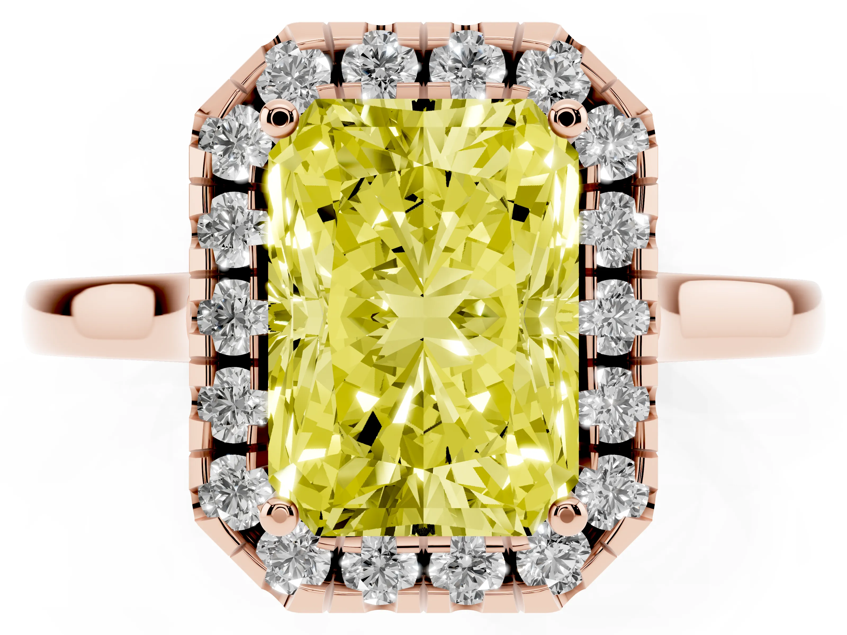 Fancy Yellow Radiant Cut Halo Round Diamond Solitaire Ring Set in Rose gold with Pavé Band and Prong Setting