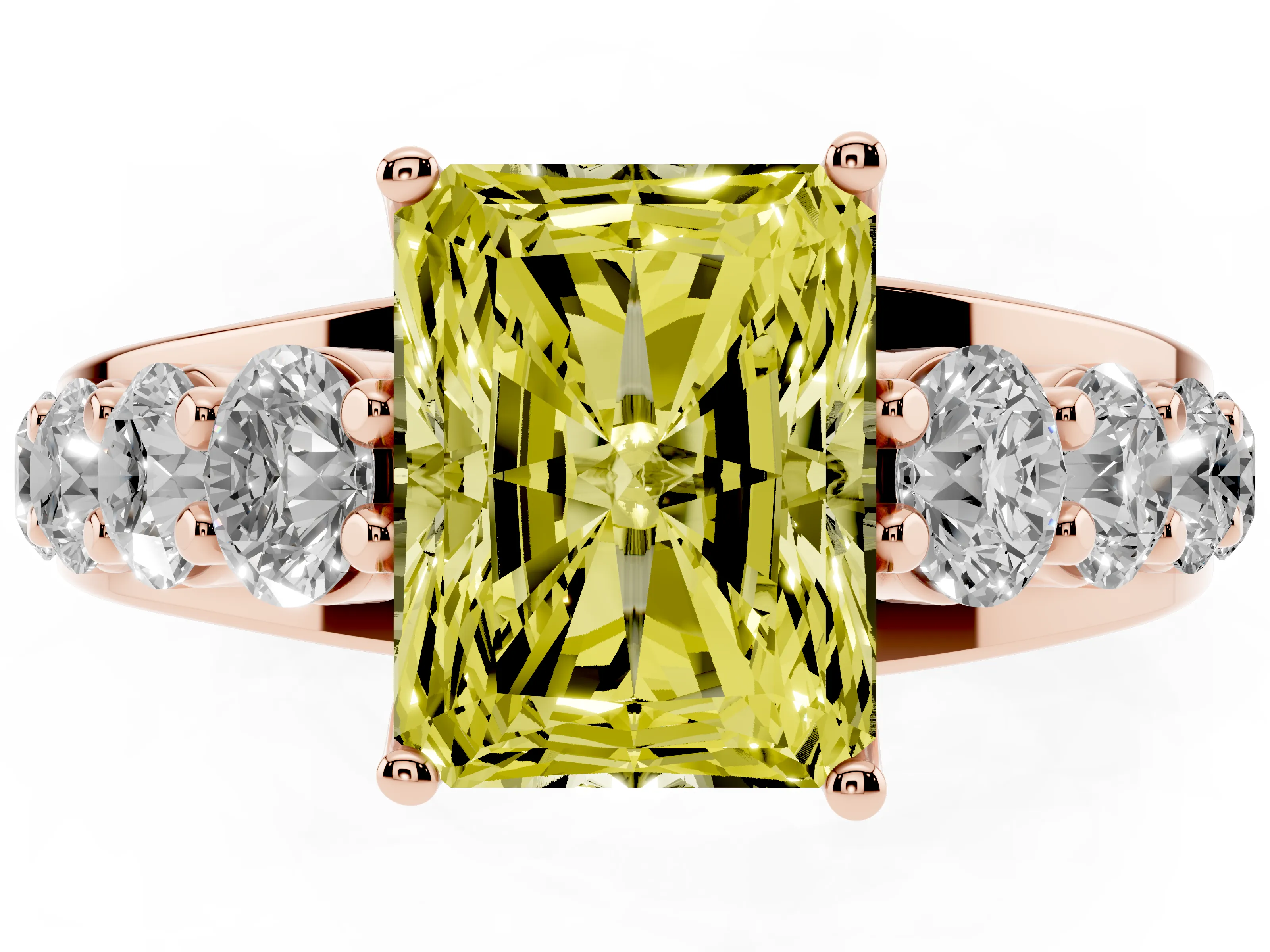 Fancy Yellow Radiant Cut Diamond Pavé Engagement Ring Set in Rose gold with Prong Setting