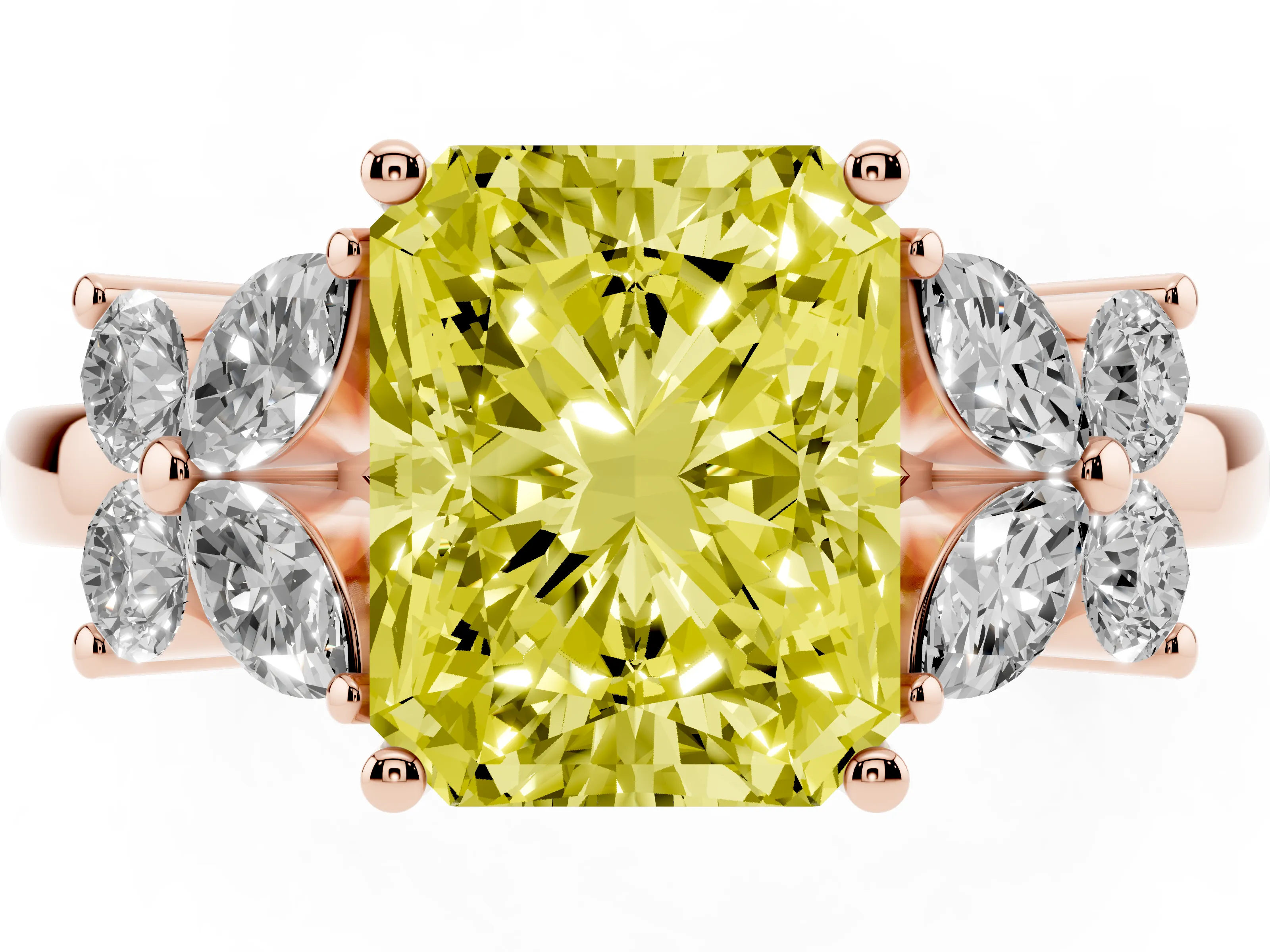 Fancy Yellow Radiant Cut Diamond Floral Cluster Ring Set in Rose gold with Marquise Petals and Prong Setting