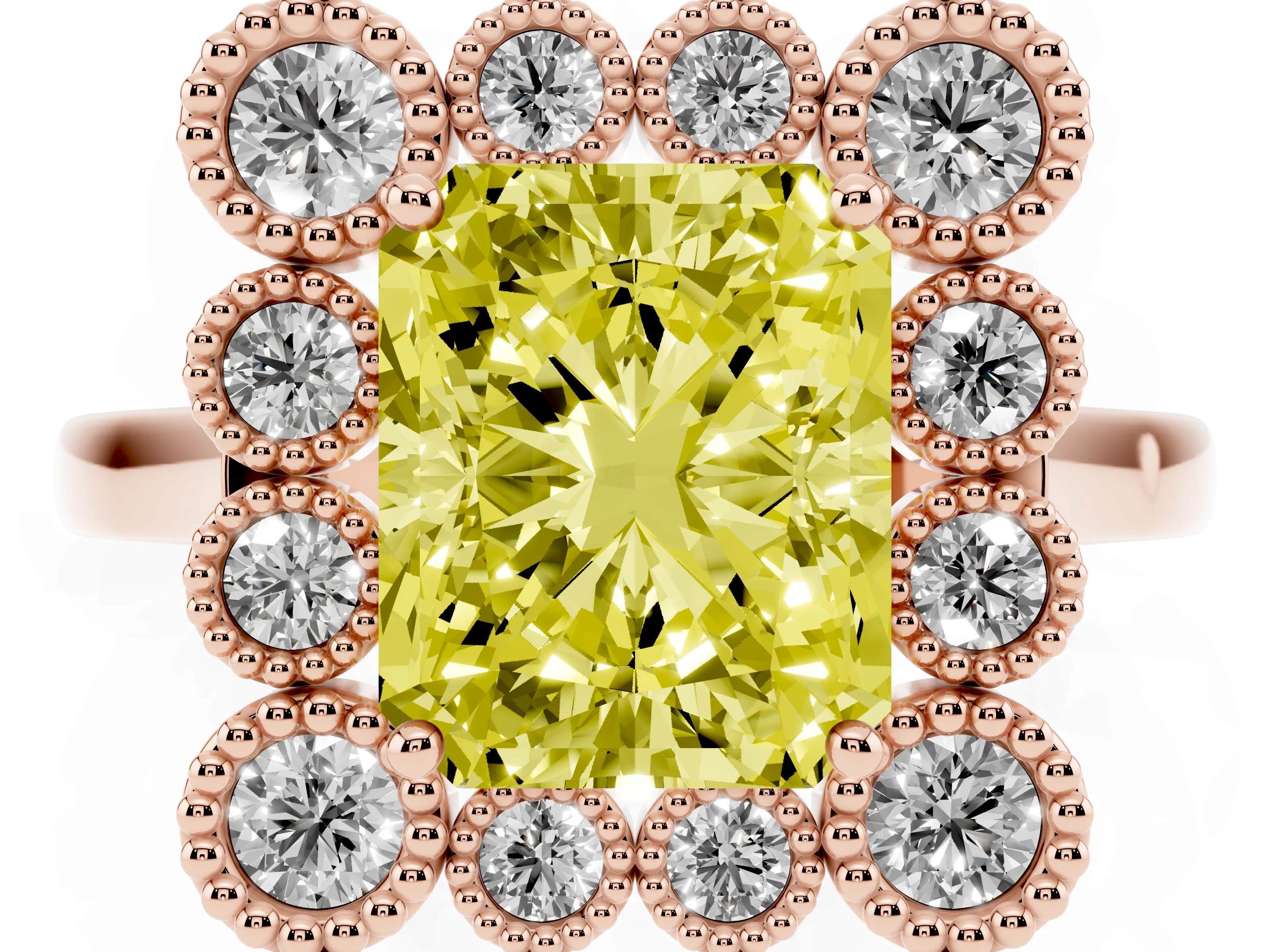 Fancy Yellow Radiant Cut Diamond Cluster Halo Ring Set in Rose gold with Milgrain Bezel Accents and Plain Band