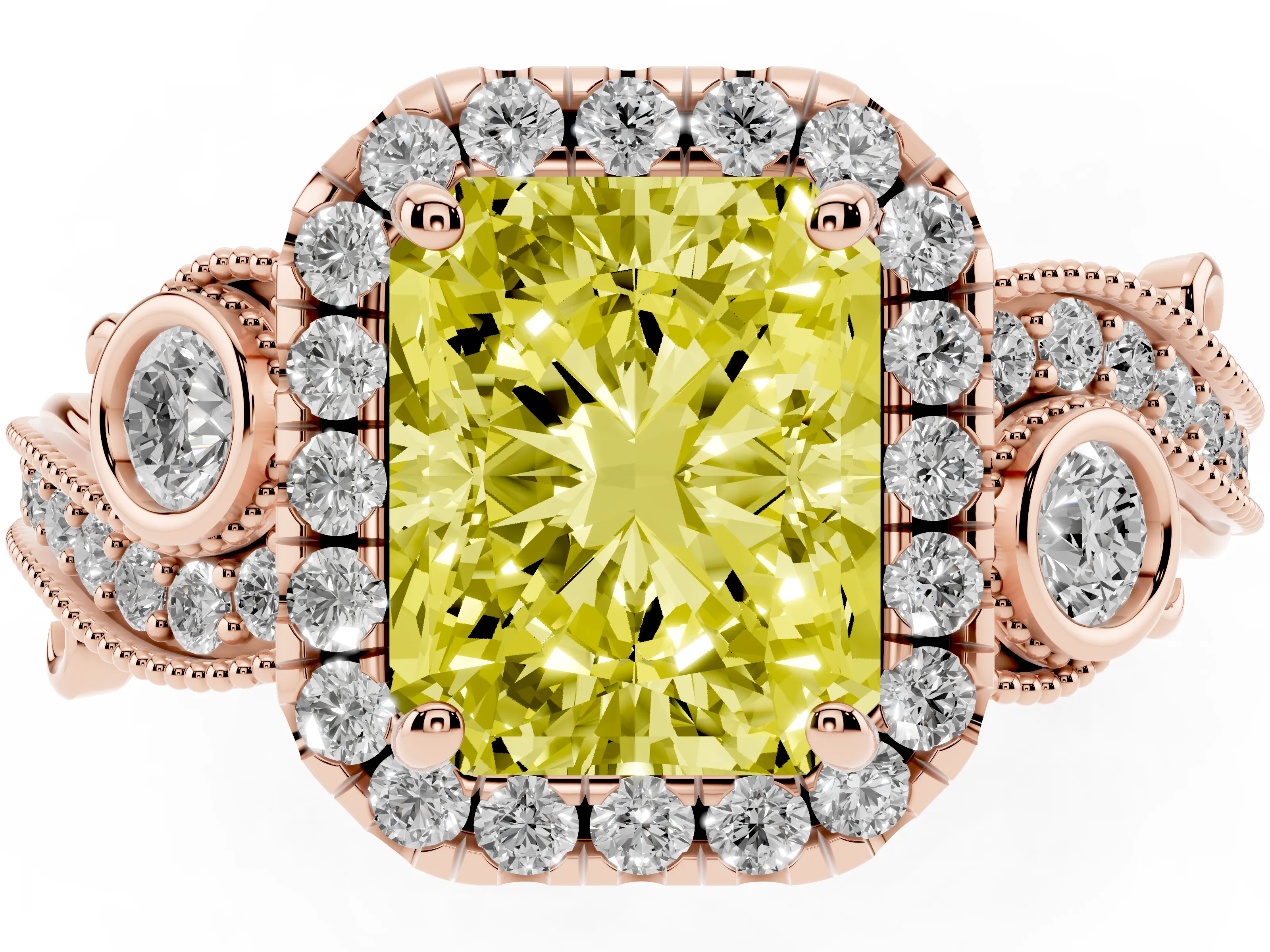Fancy Yellow Radiant Cut Diamond Halo Ring Set in Rose gold with Milgrain Pavé Band and Prong Setting