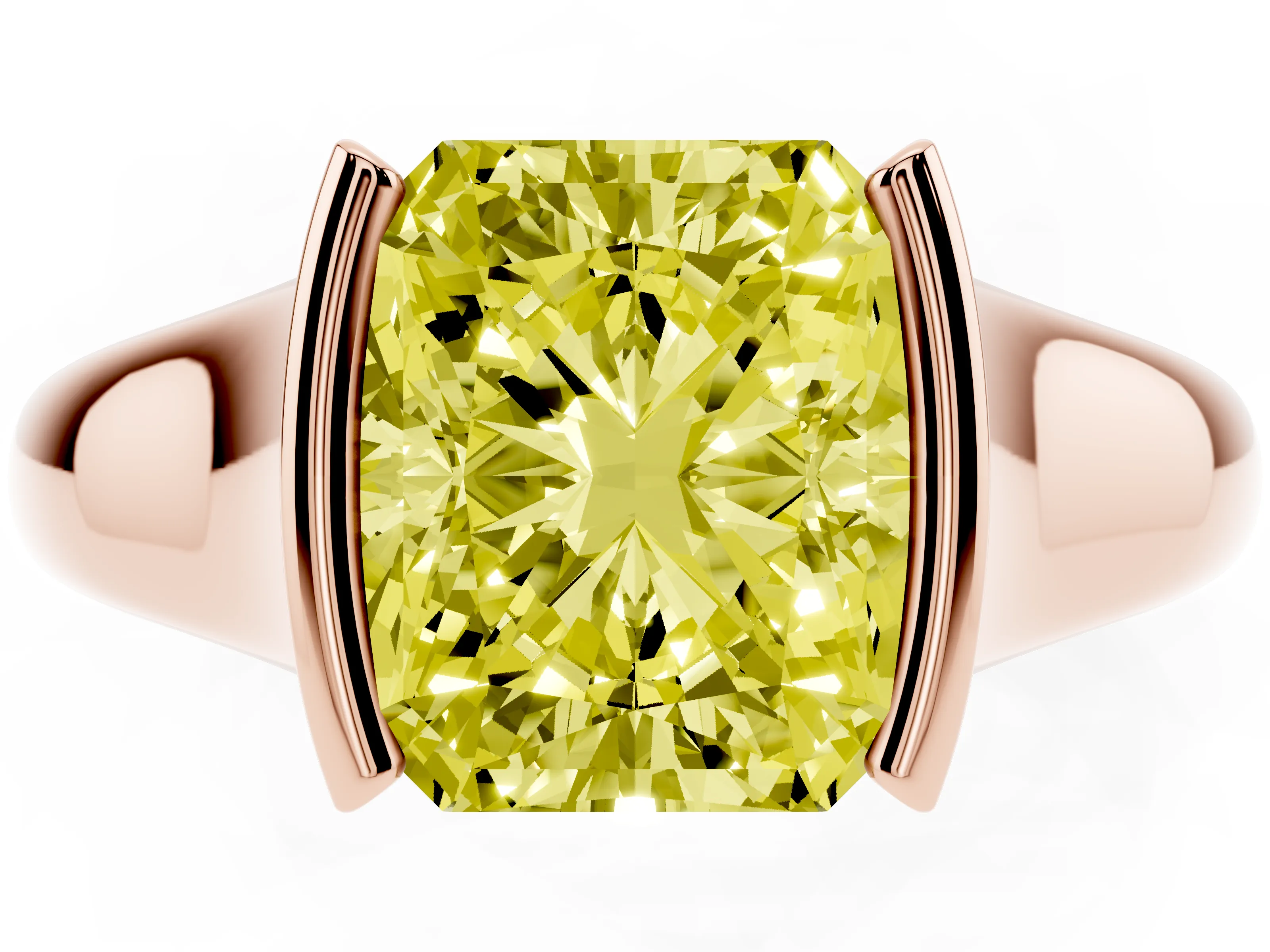 Fancy Yellow Radiant Cut Diamond Solitaire Tension Set Ring Set in Rose gold with Split Shank Band