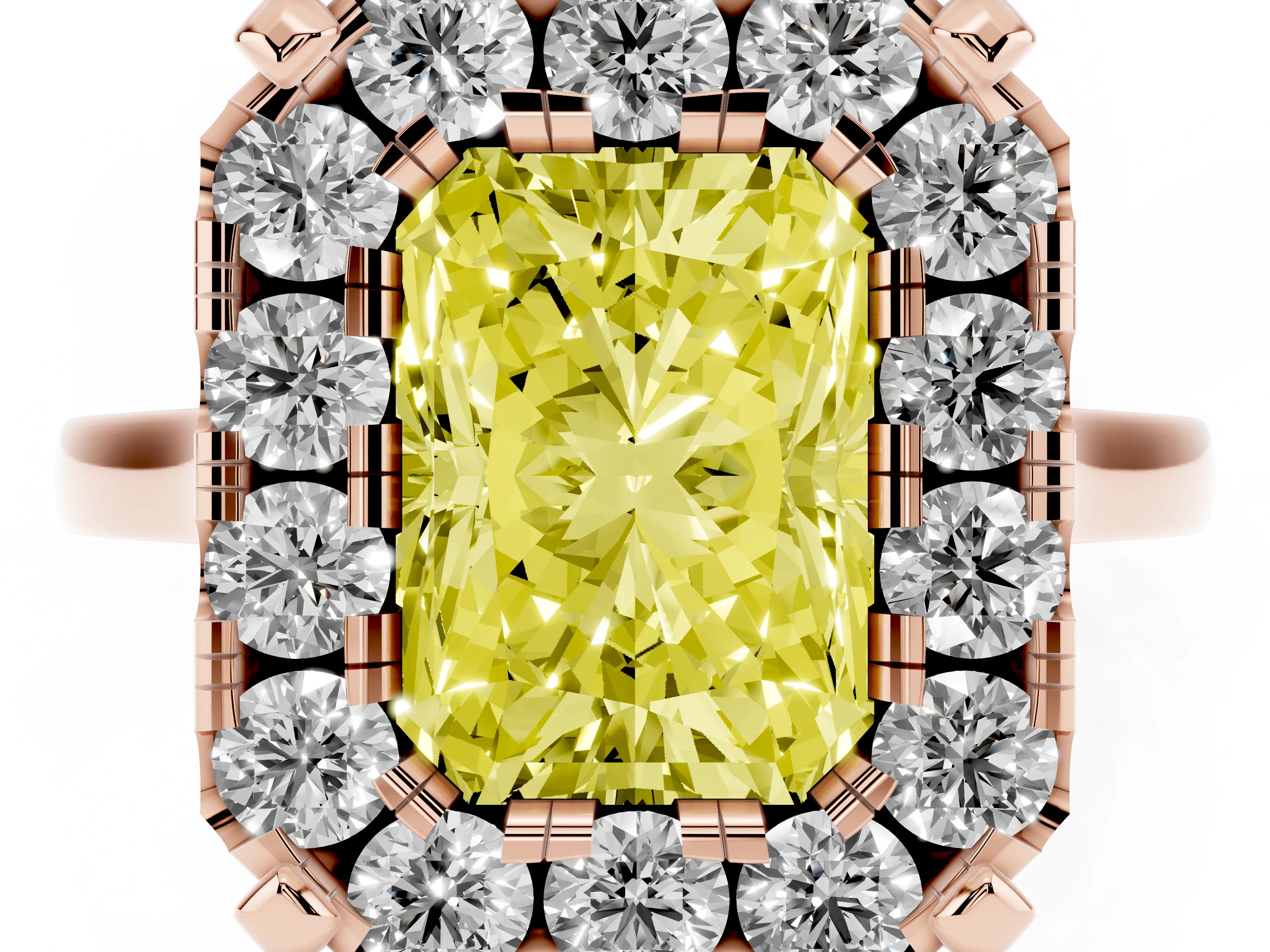 Fancy Yellow Radiant Cut Diamond Cluster Halo Solitaire Ring Set in Rose gold with Prong Setting
