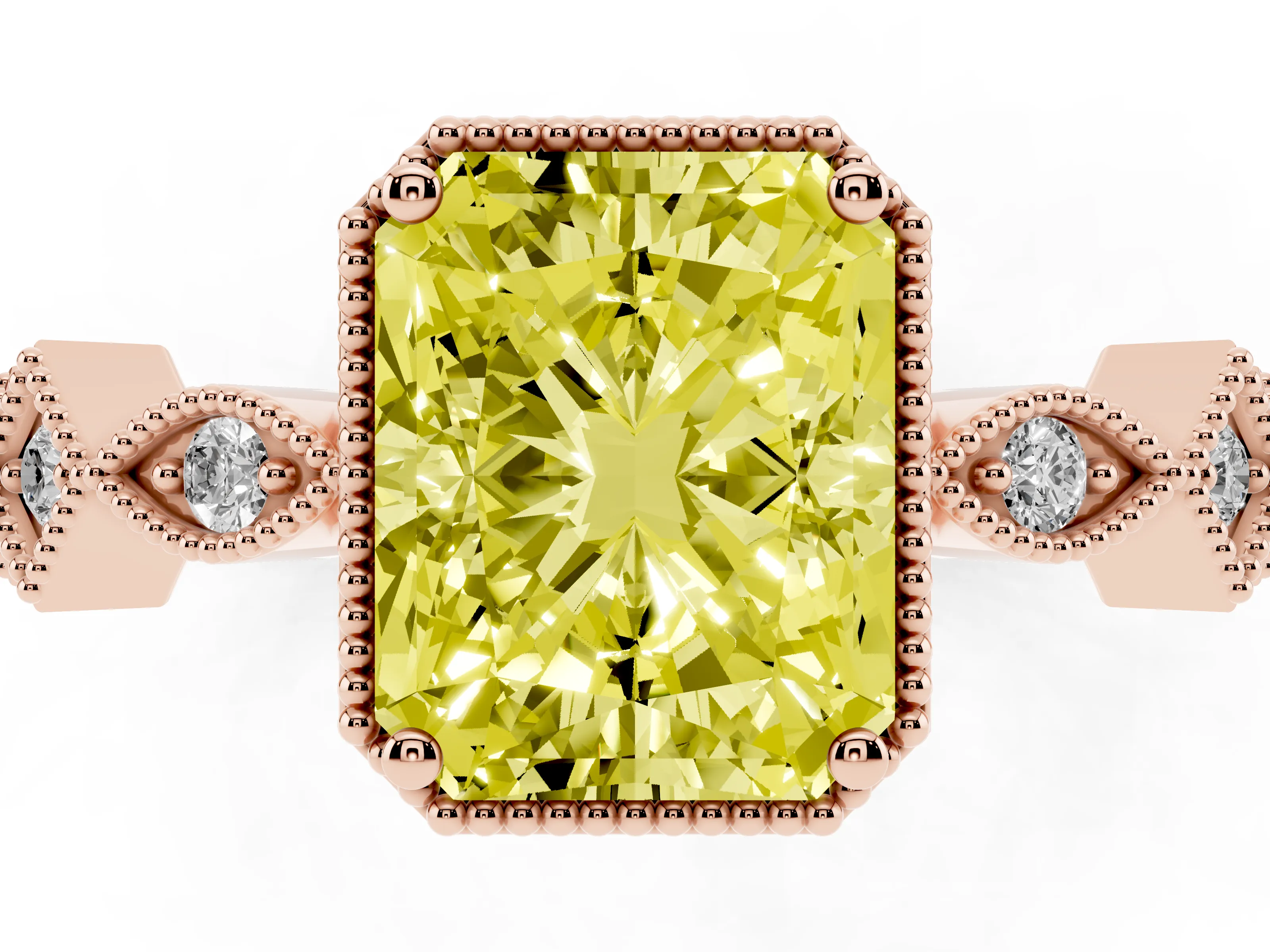 Fancy Yellow Radiant Cut Diamond Milgrain Marquise Twist Band Ring Set in Rose gold with Prong Setting