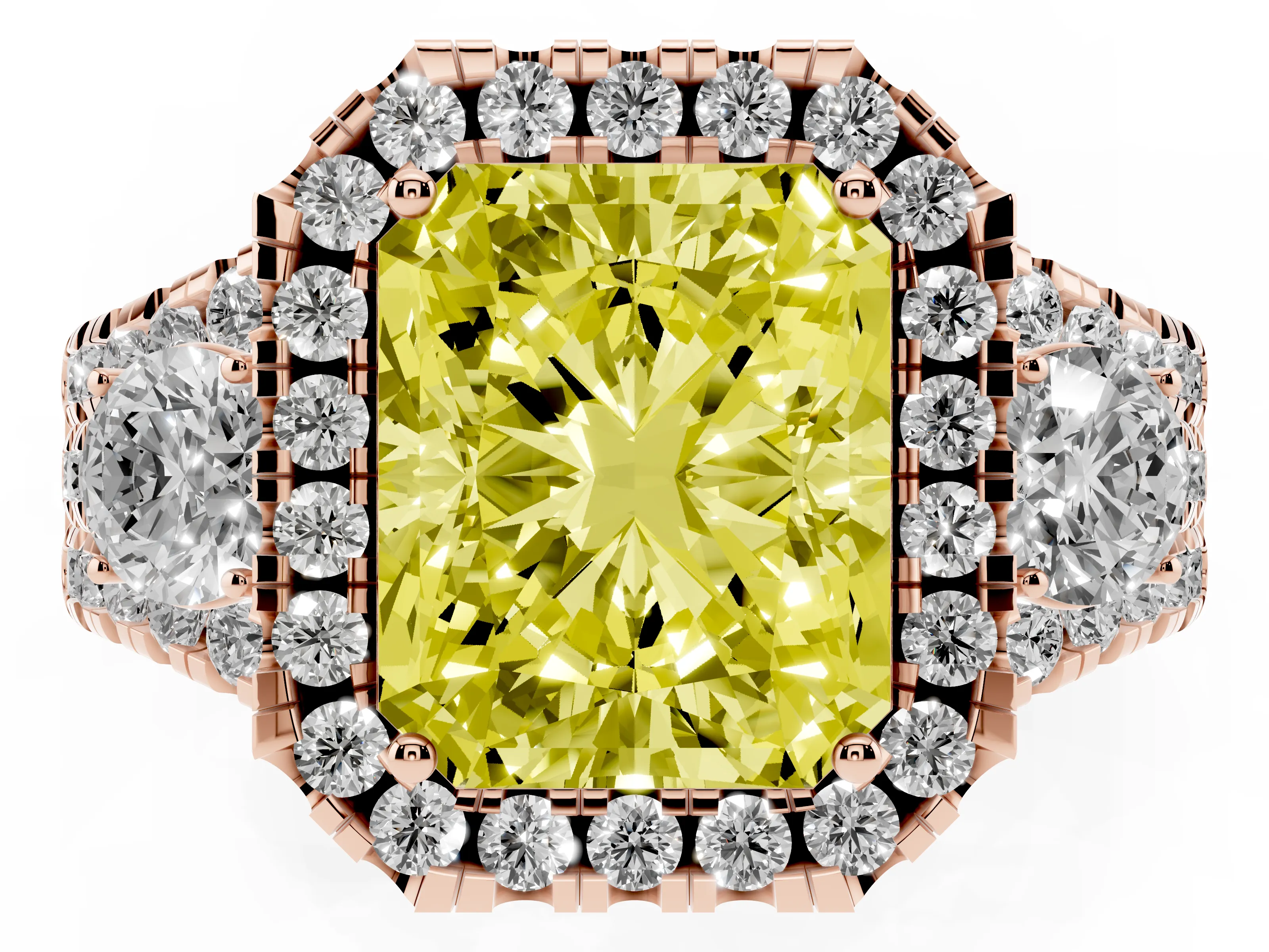Fancy Yellow Radiant Cut Diamond Halo Split Shank Ring Set in Rose gold with Round Accent Stones and Prong Setting