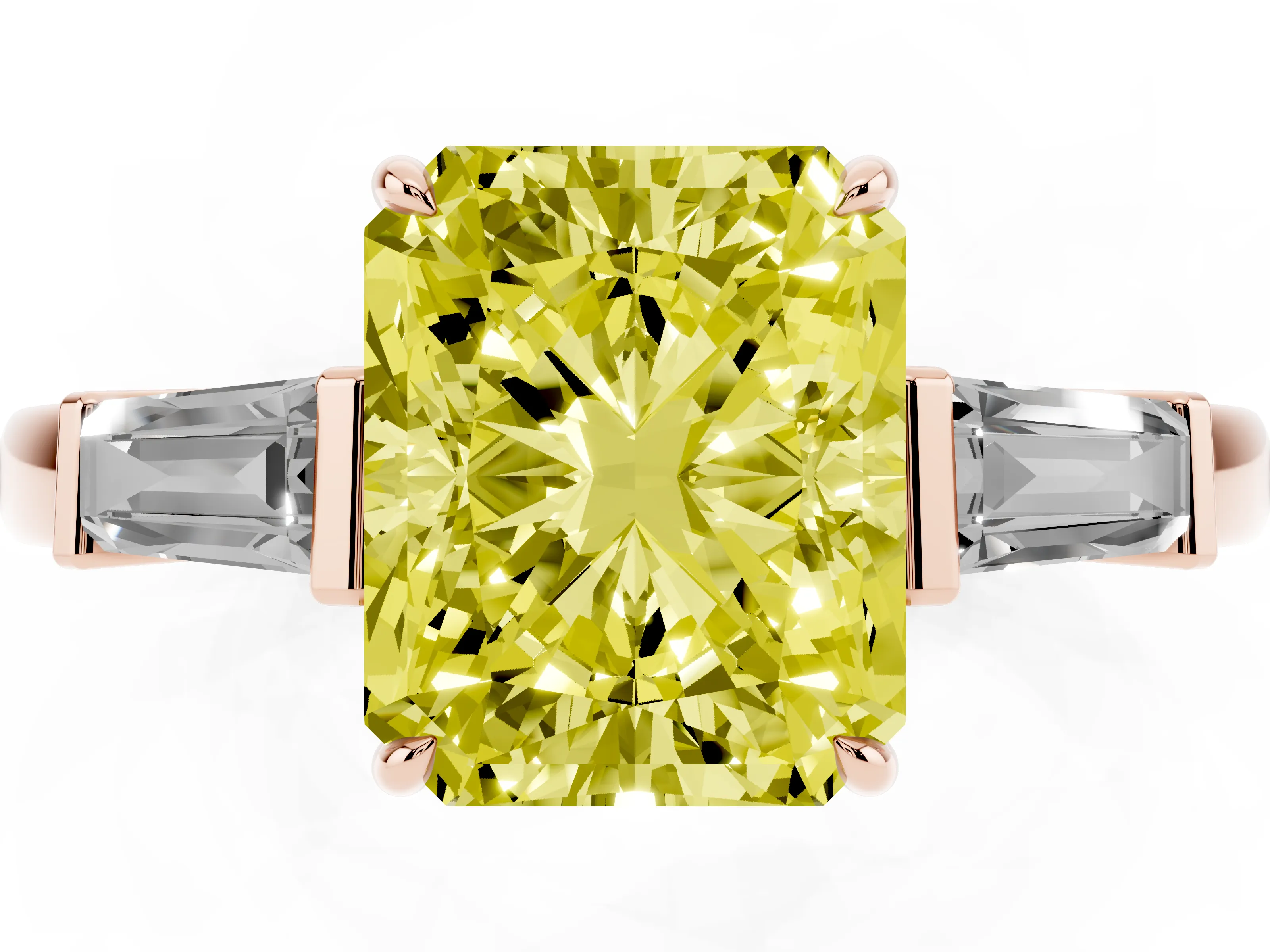 Fancy Yellow Radiant Cut Diamond Three-Stone Ring Set in Rose gold with Tapered Baguette Side Stones and Prong Setting