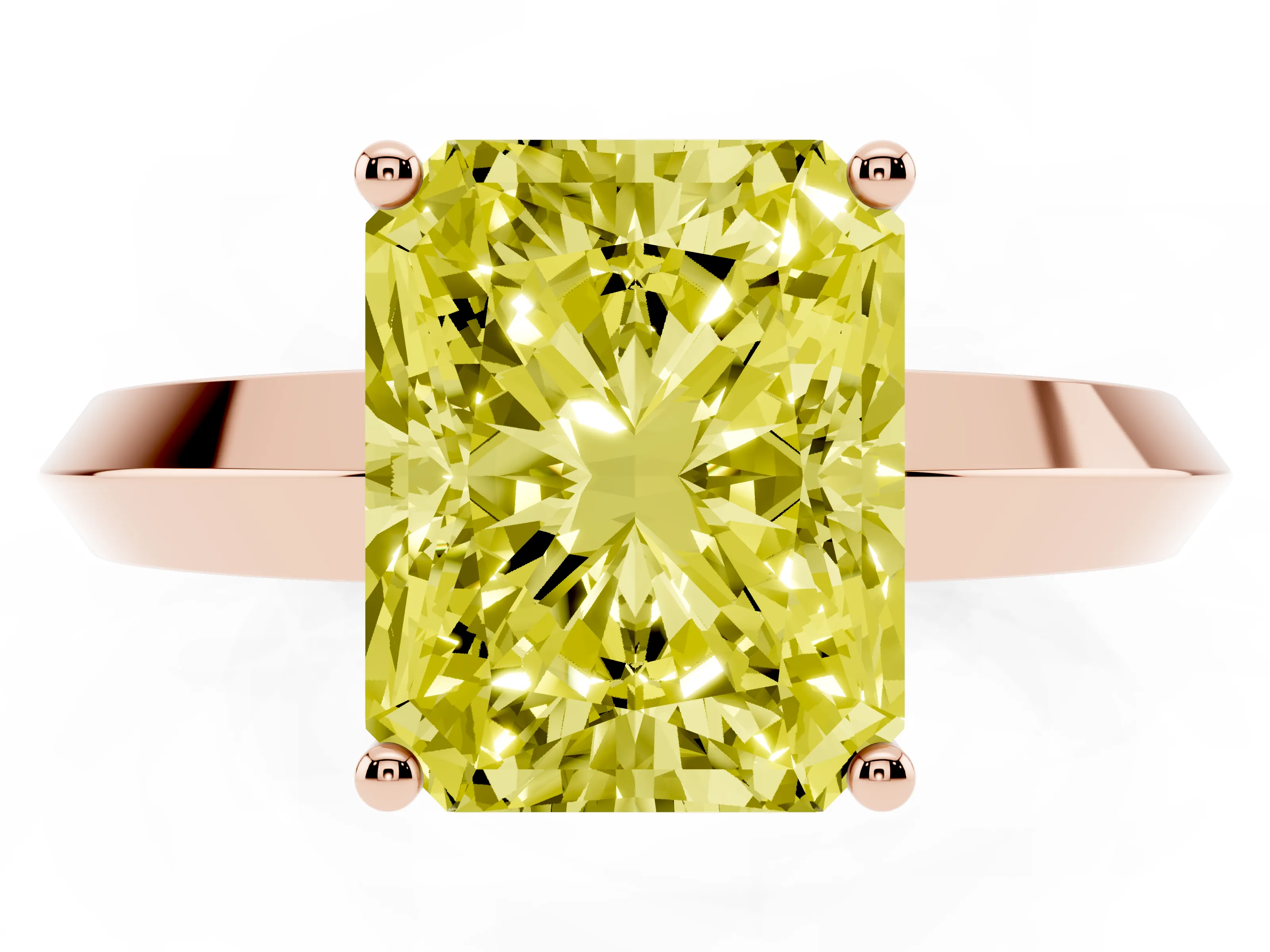Fancy Yellow Radiant Cut Diamond Solitaire Engagement Ring Set in Rose gold with Flat Band and Prong Setting