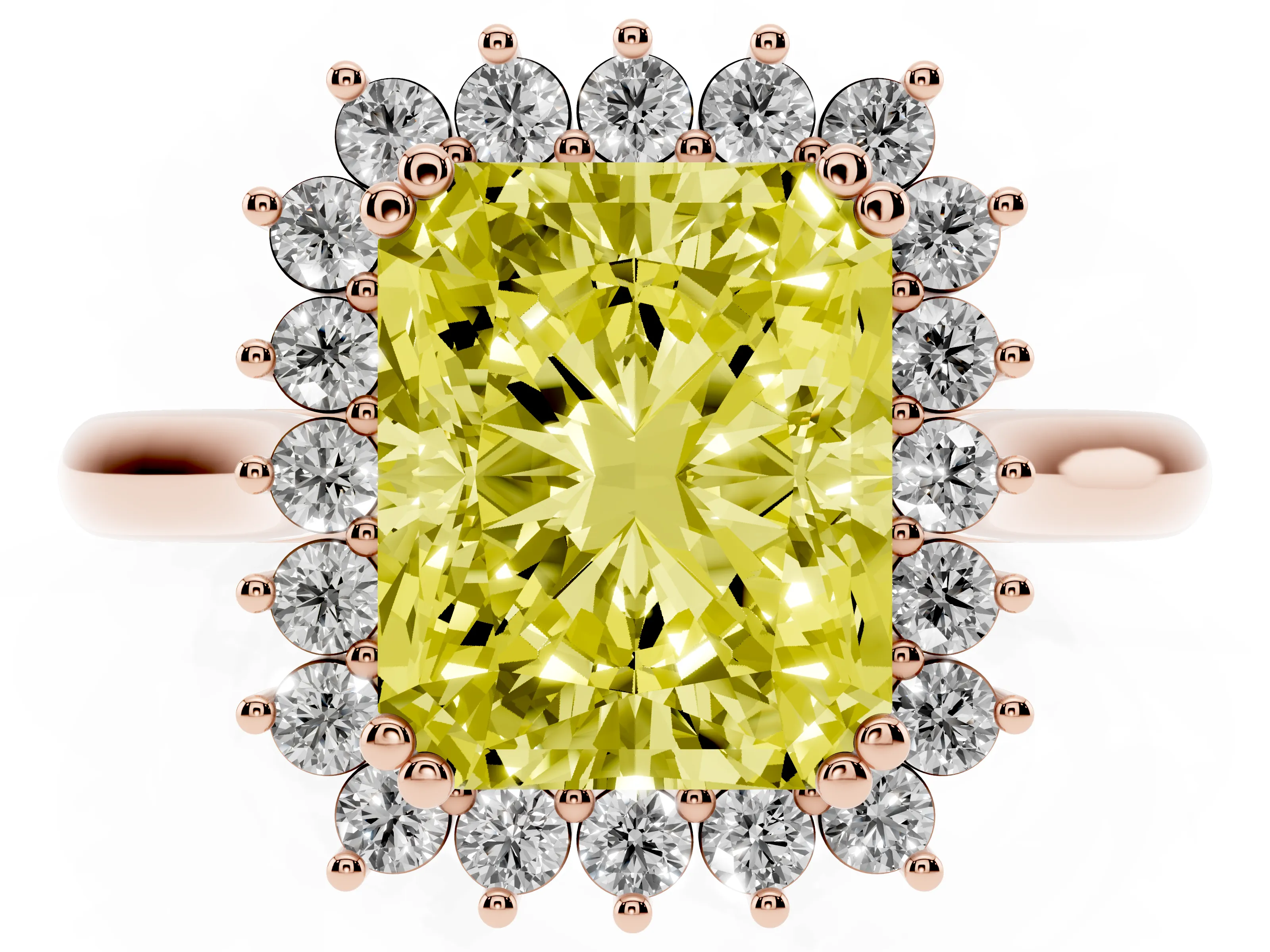 Fancy Yellow Radiant Cut Diamond Halo Ring Set in Rose gold with Plain Solitaire Band and Prong Setting