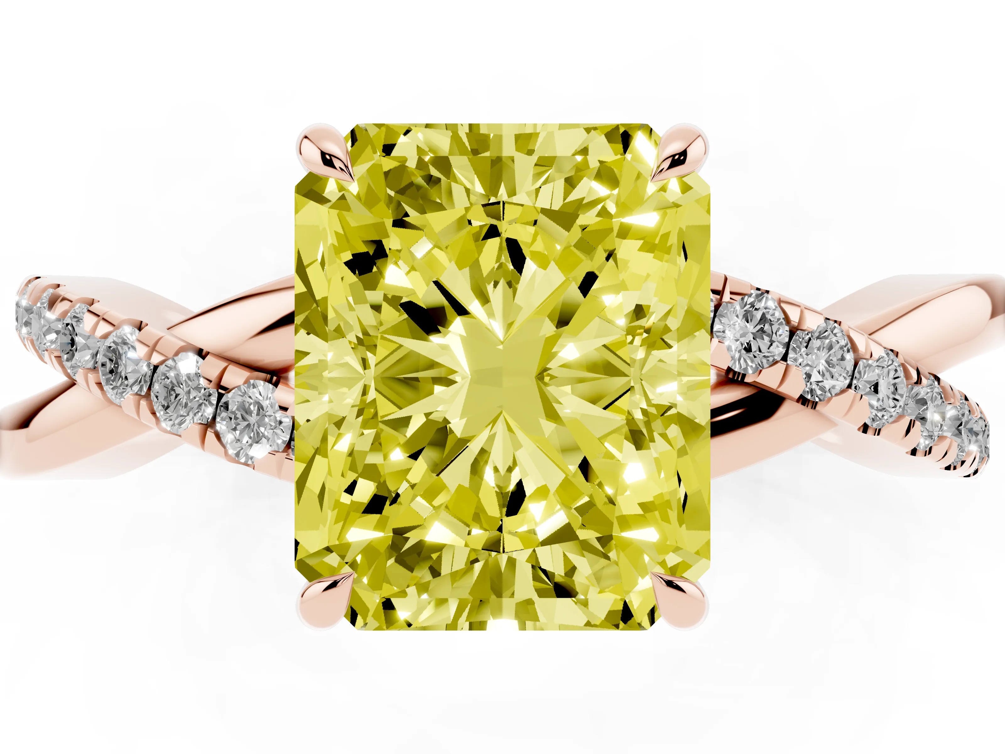 Fancy Yellow Radiant Cut Diamond Twisted Pavé Band Ring Set in Rose gold with Prong Setting