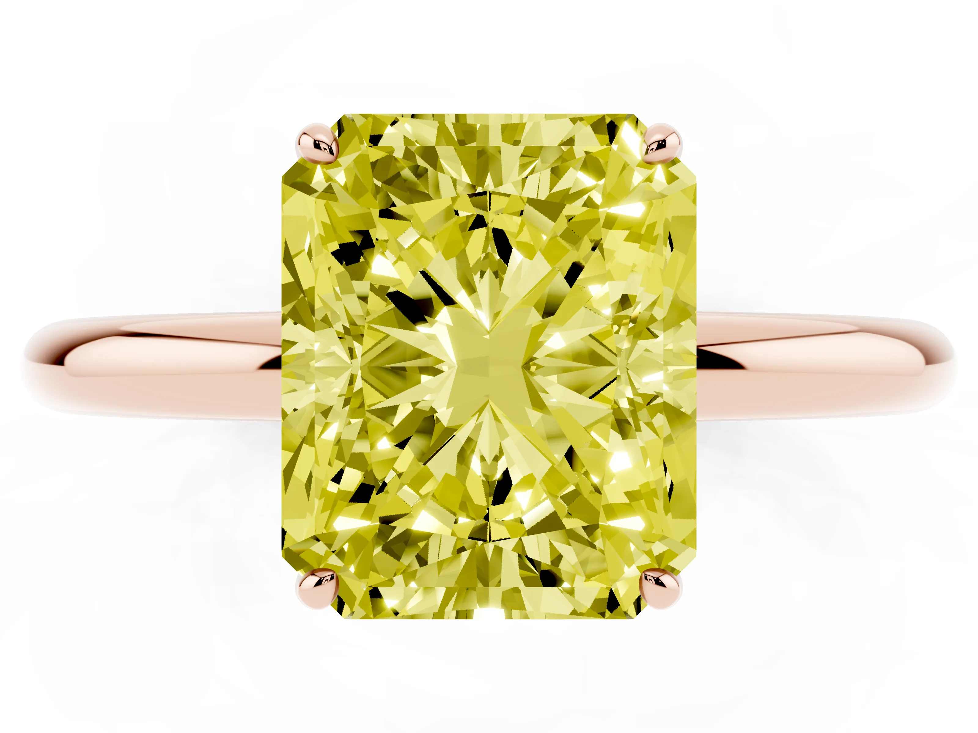 Fancy Yellow Radiant Cut Diamond Solitaire Ring Set in Rose gold with Prong Setting on a Polished Plain Band