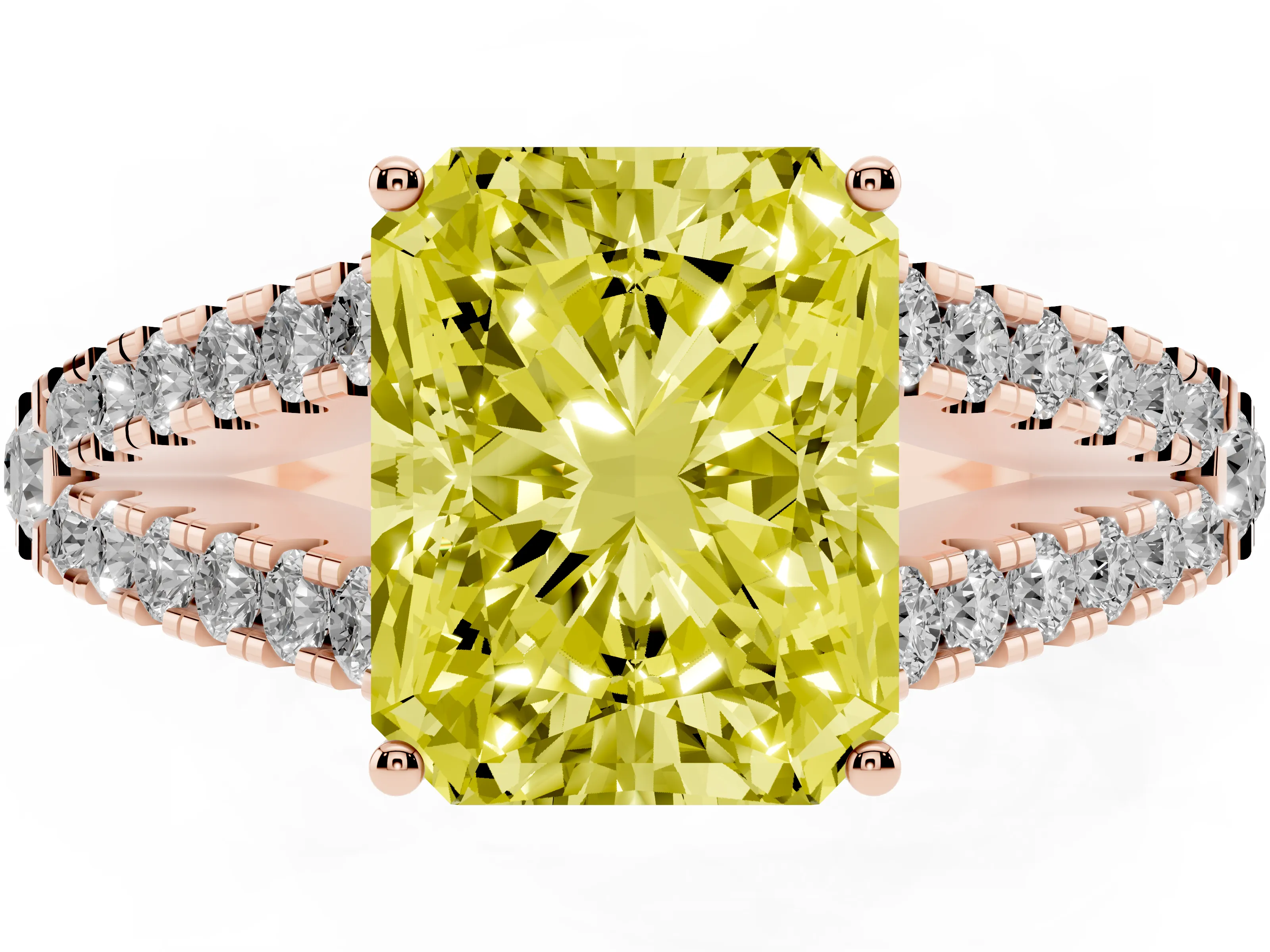 Fancy Yellow Radiant Cut Diamond Split Shank Pavé Engagement Ring Set in Rose gold with Prong-Held Center Stone