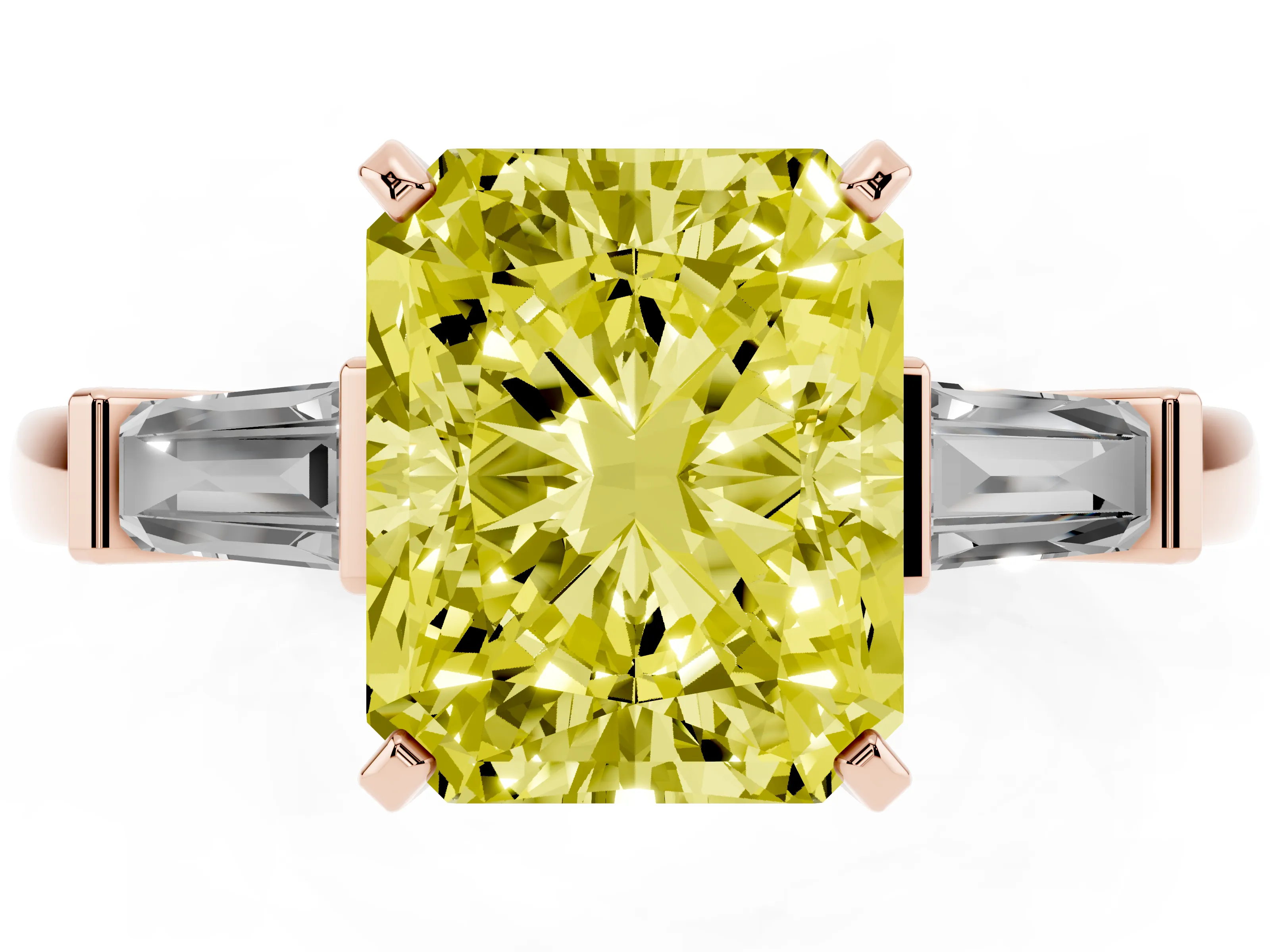 Fancy Yellow Radiant Cut Diamond Solitaire Ring Set in Rose gold with Tapered Baguette Accents and Prong Setting