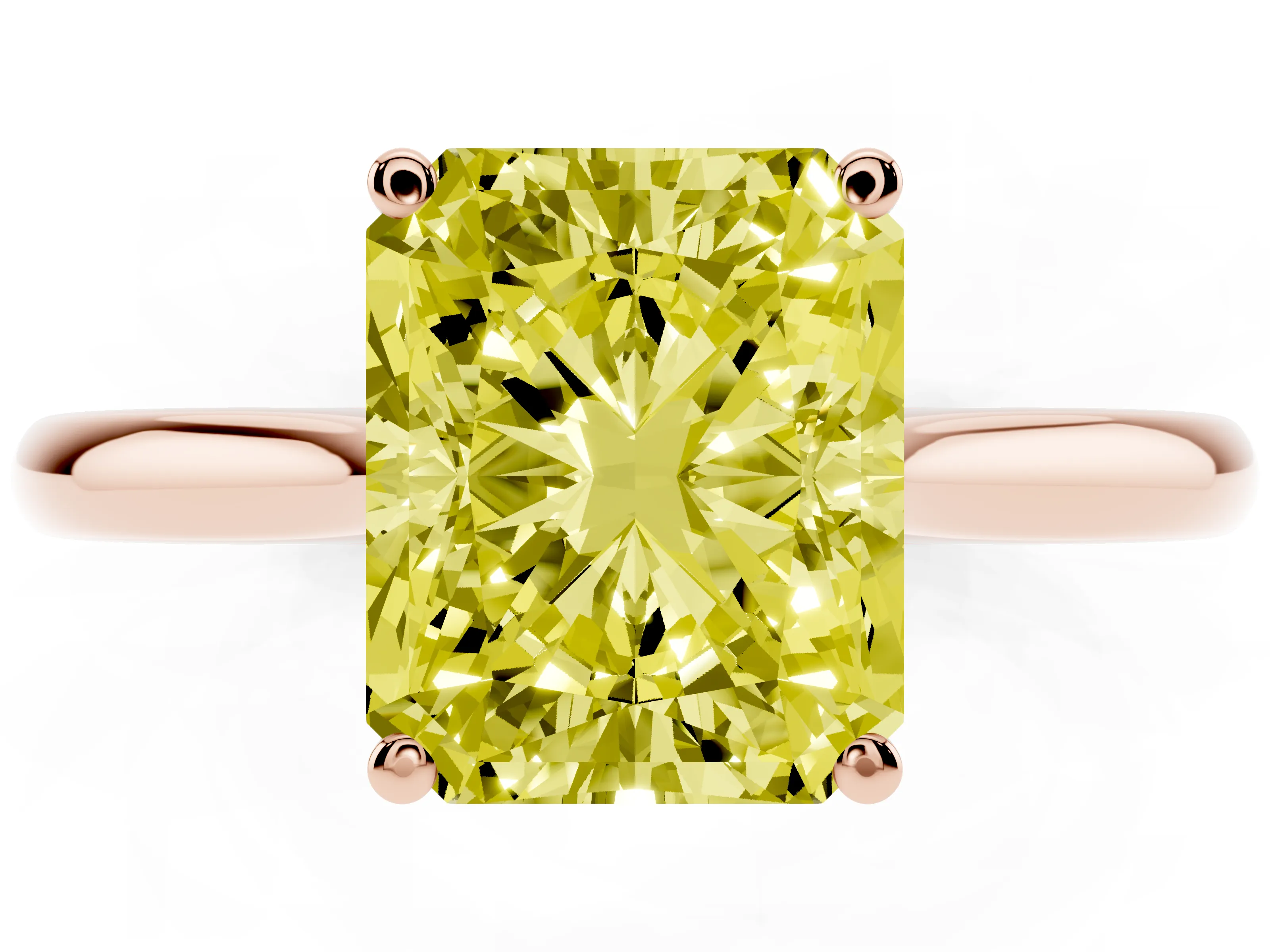Fancy Yellow Radiant Cut Diamond Solitaire Ring Set in Rose gold with Cathedral Band and Prong Setting