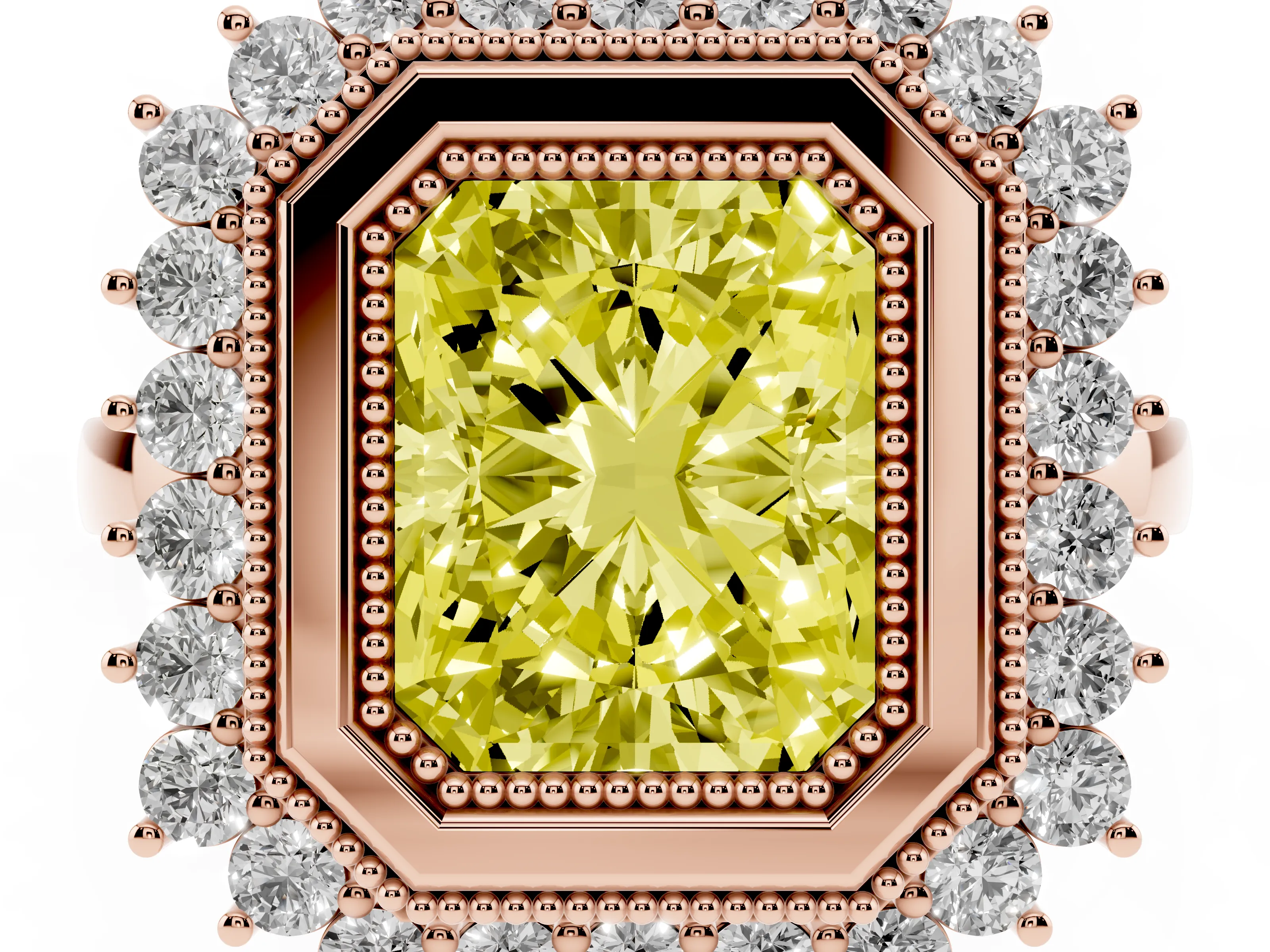 Fancy Yellow Radiant Cut Diamond Halo Ring Set in Rose gold with Milgrain Edge and Round Prong Setting