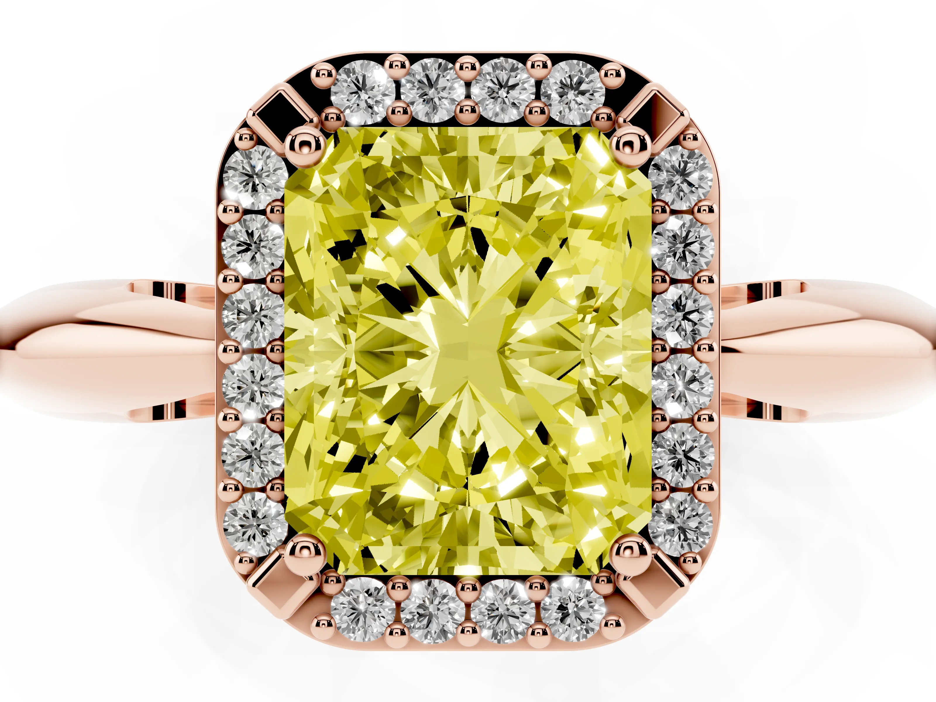 Fancy Yellow Radiant Cut Diamond Halo Engagement Ring Set in Rose gold with Plain Split Shank and Prong Setting