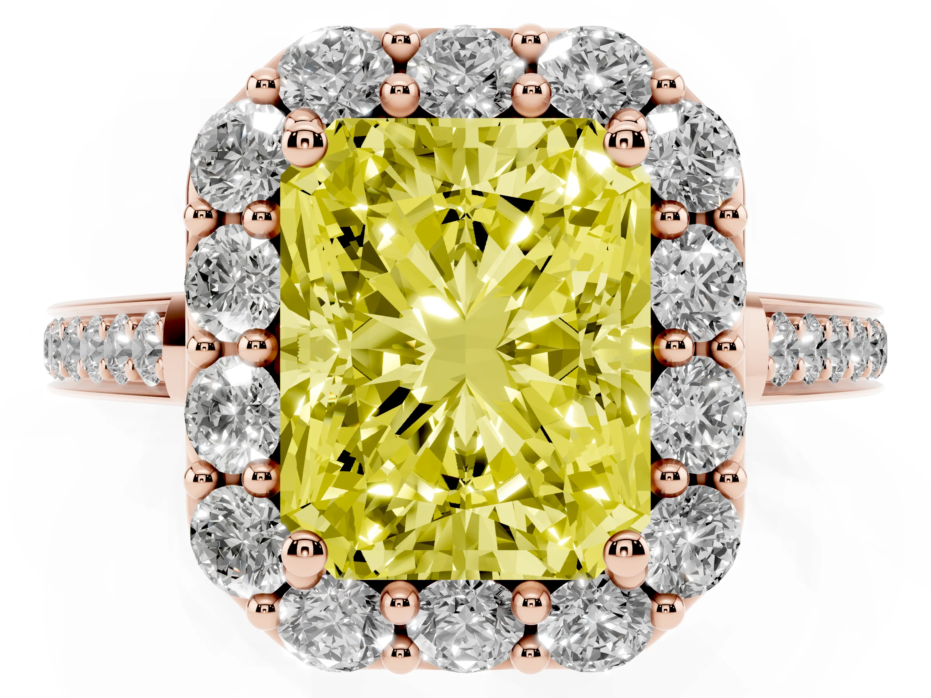 Fancy Yellow Radiant Cut Diamond Floral Halo Ring Set in Rose gold with Pavé Band and Prong Setting