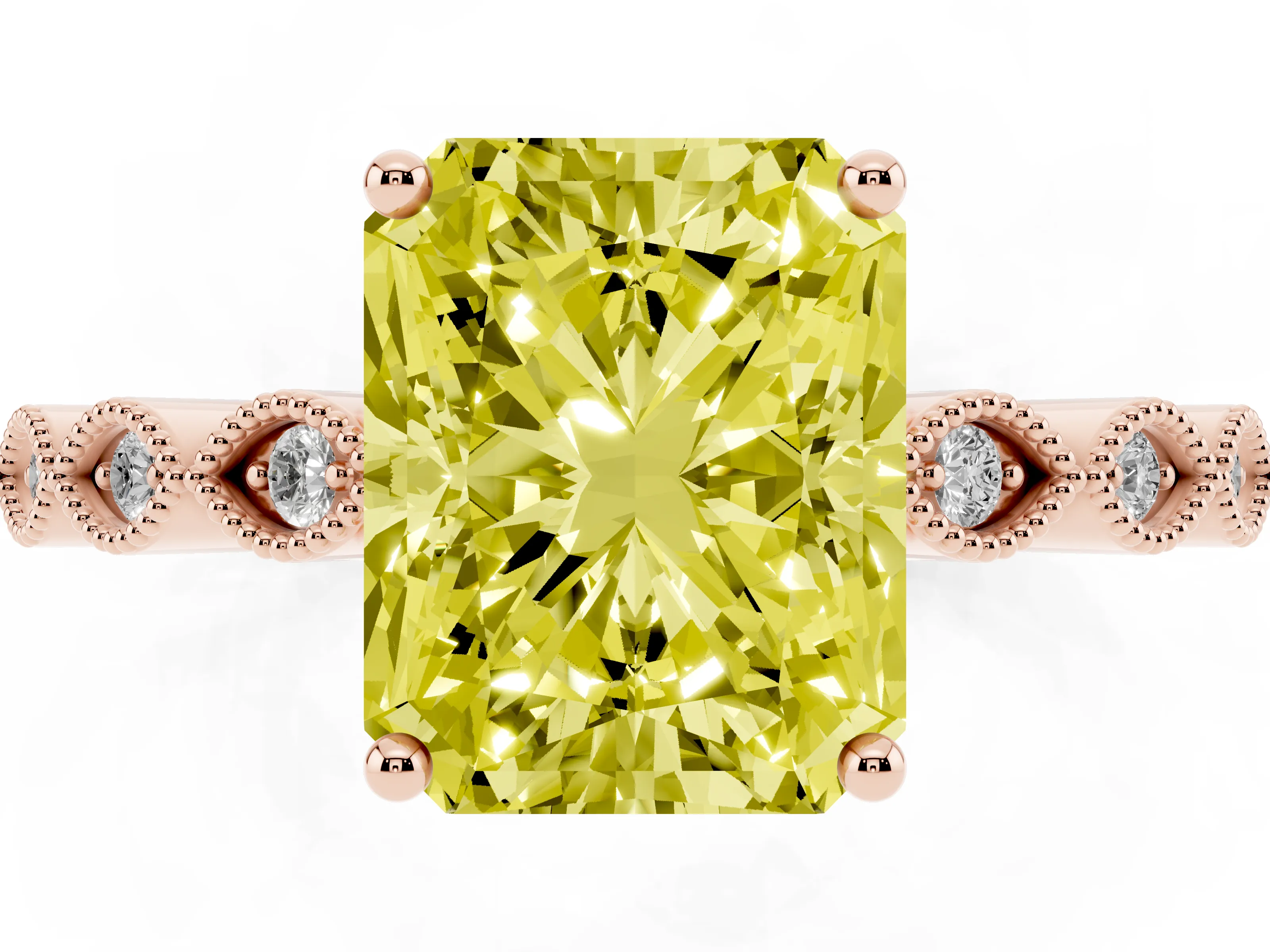 Fancy Yellow Radiant Cut Diamond Solitaire Ring Set in Rose gold with Infinity Twist Pavé Band