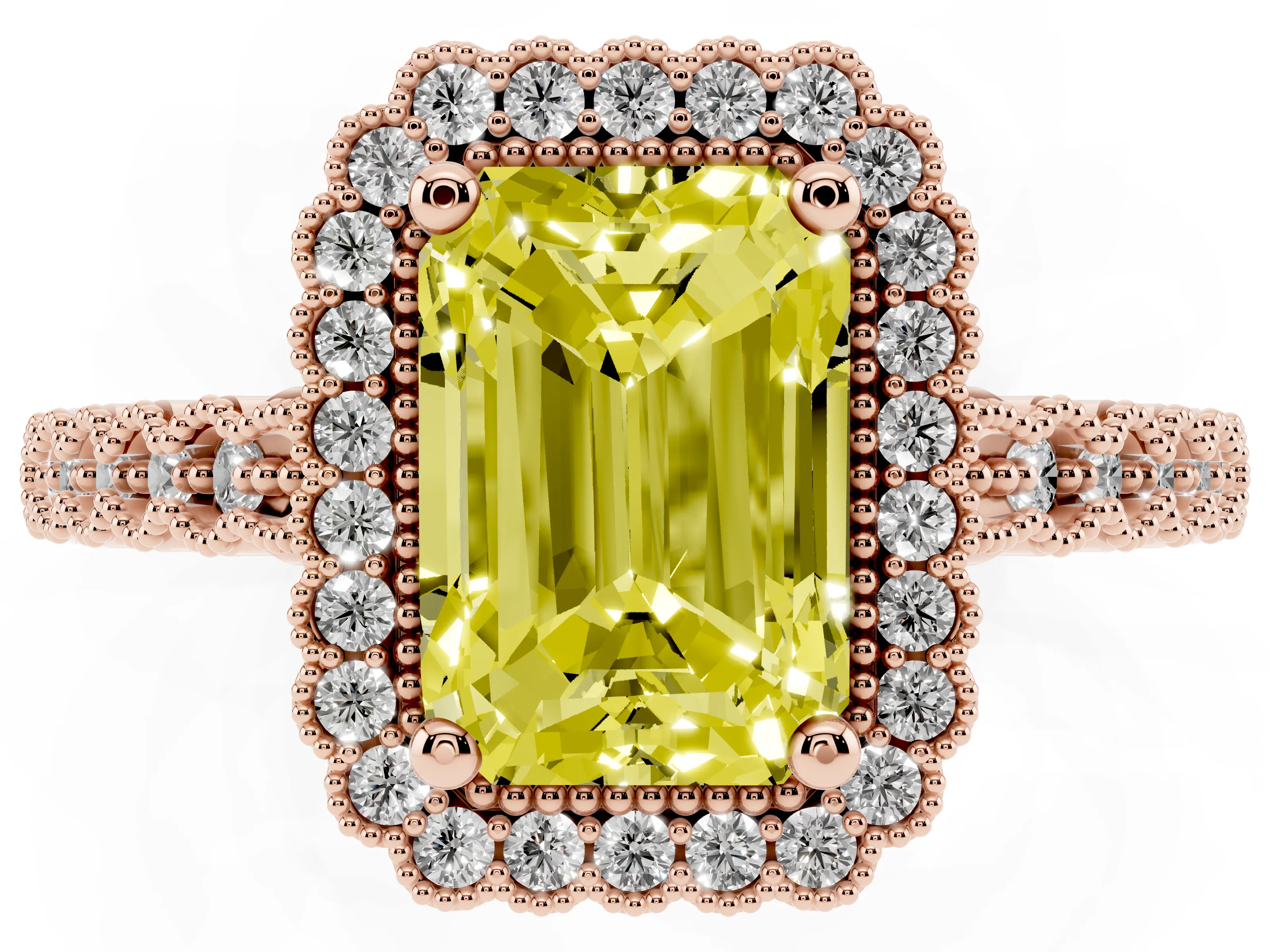 Fancy Yellow Radiant Cut Diamond Halo Ring Set in Rose gold with Pavé Milgrain Band