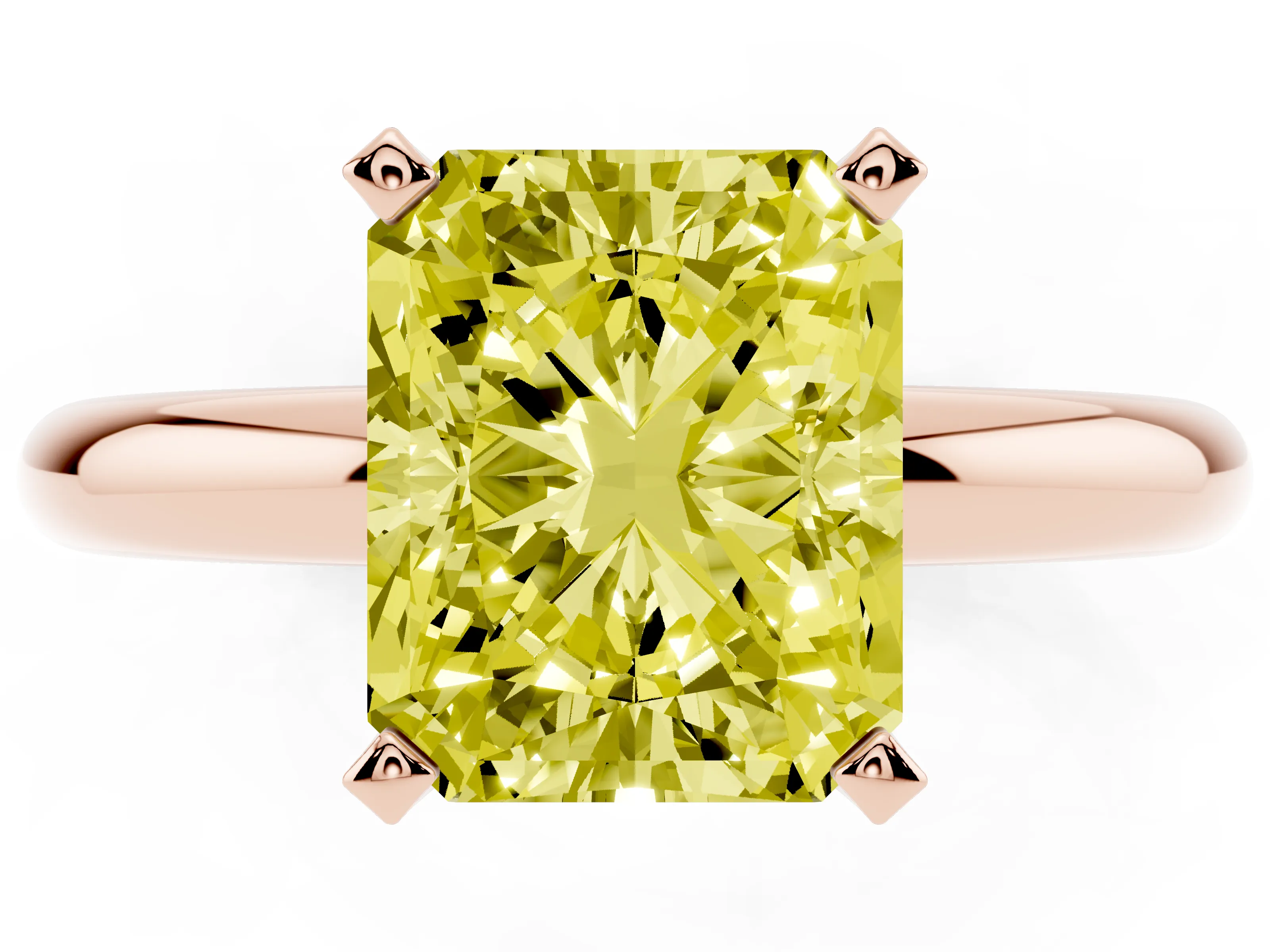 Fancy Yellow Radiant Cut Diamond Solitaire Engagement Ring Set in Rose gold with Round Band and Prong Setting