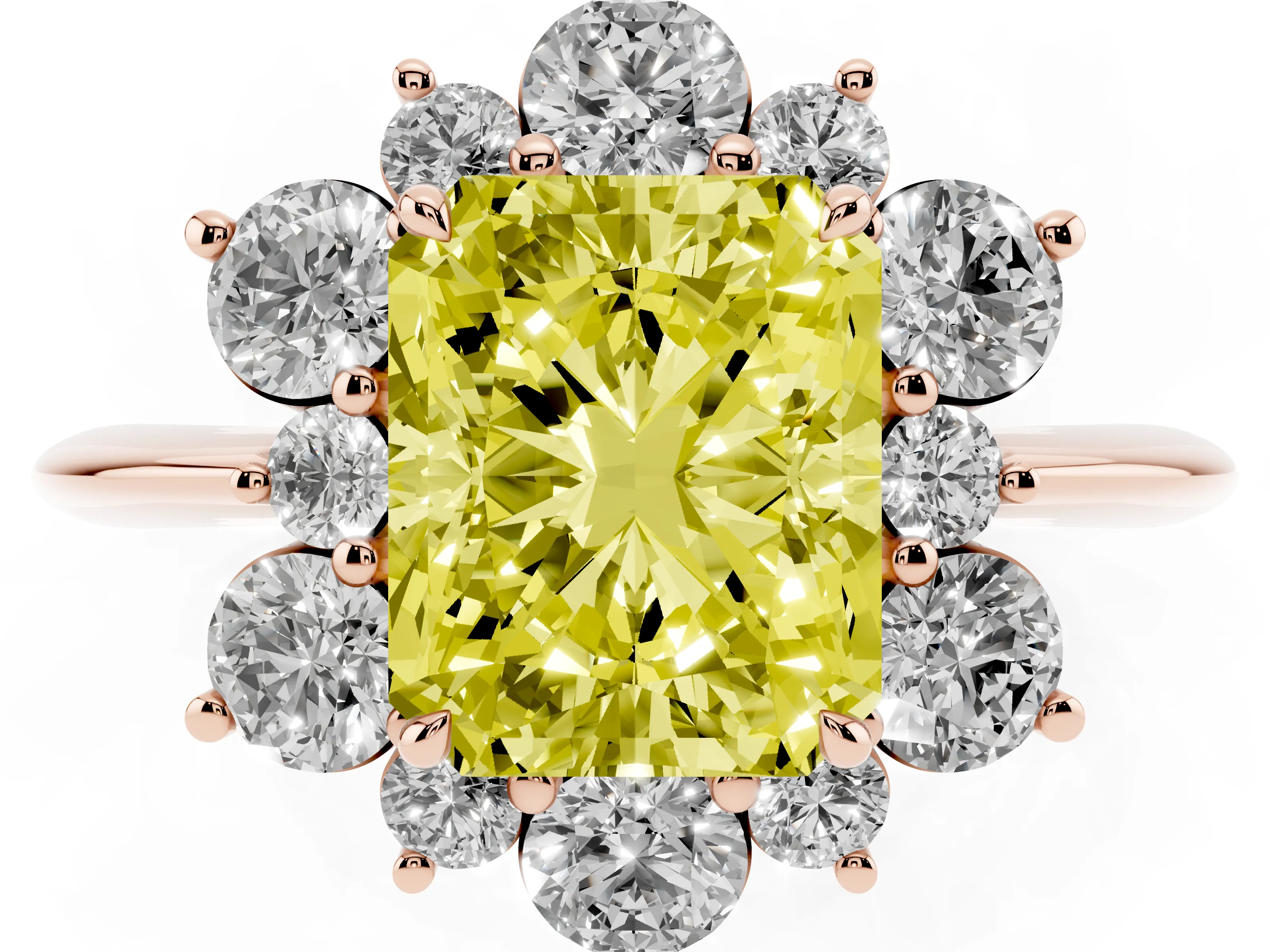 Fancy Yellow Radiant Cut Diamond Cluster Halo Ring Set in Rose gold with Solitaire Band and Prong Setting