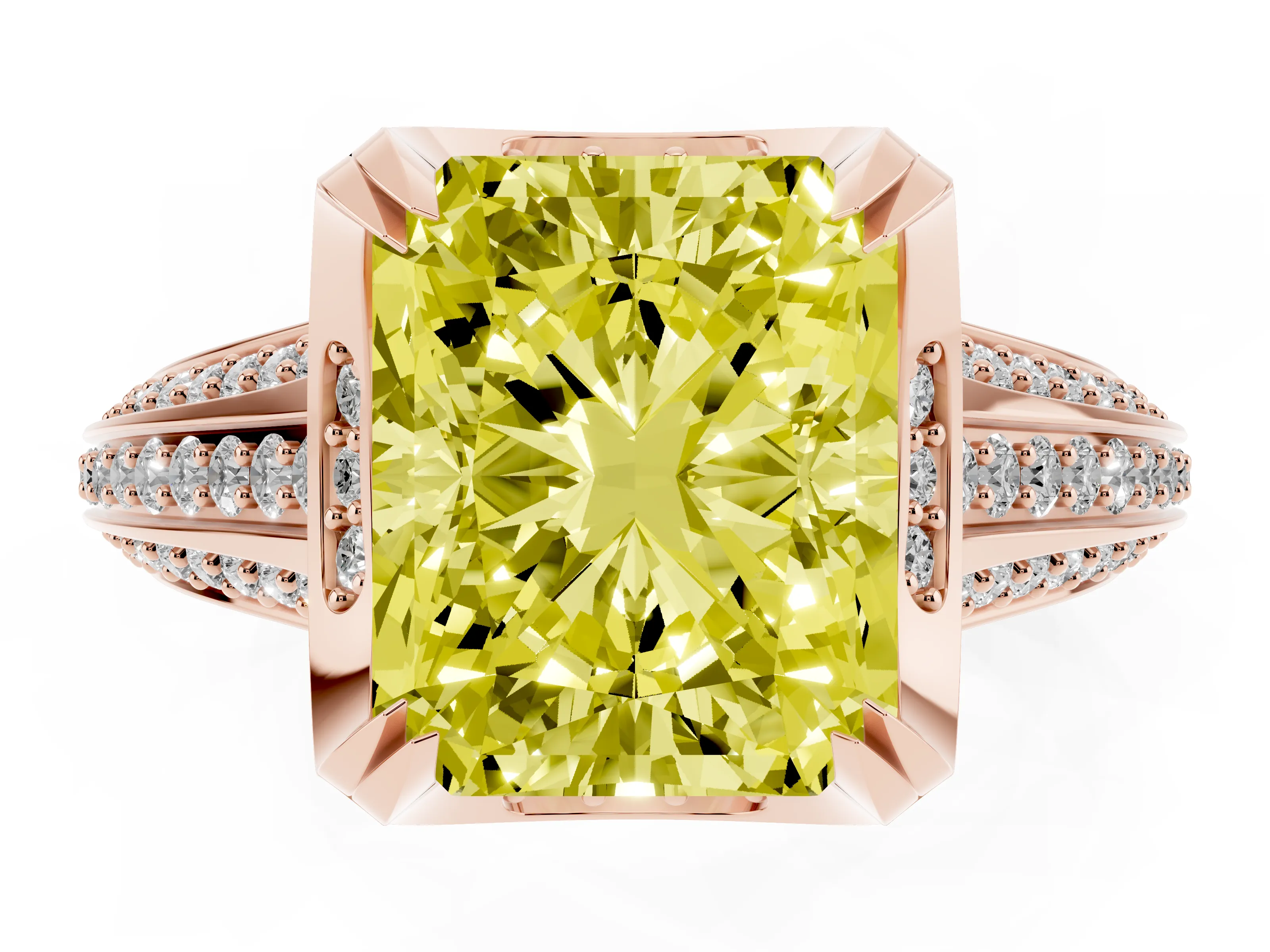 Fancy Yellow Radiant Cut Diamond Pavé Split Shank Solitaire Ring Set in Rose gold with Prong Setting