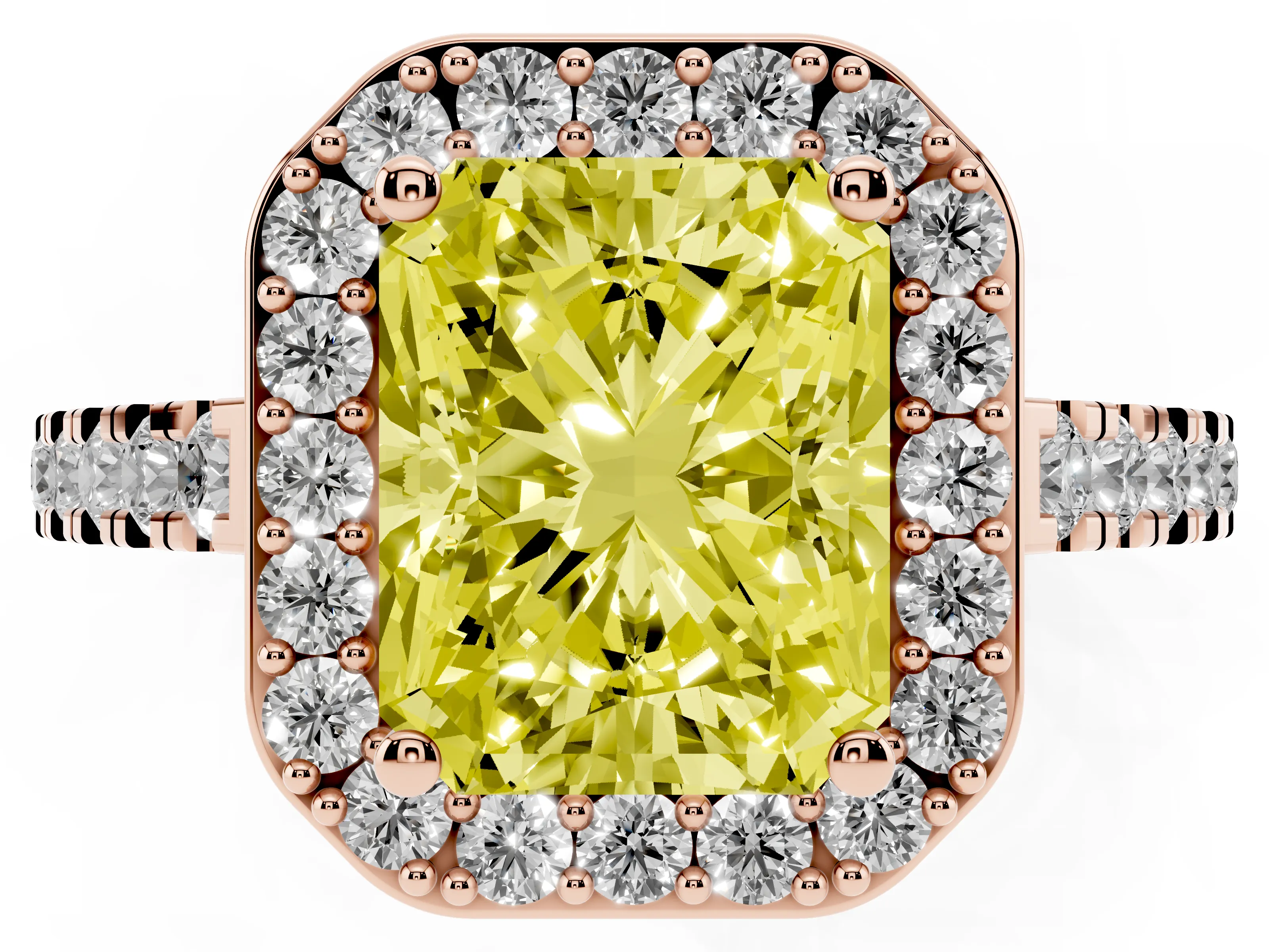 Fancy Yellow Radiant Cut Diamond Halo Ring Set in Rose gold with Round Pavé Split Shank and Prong Setting