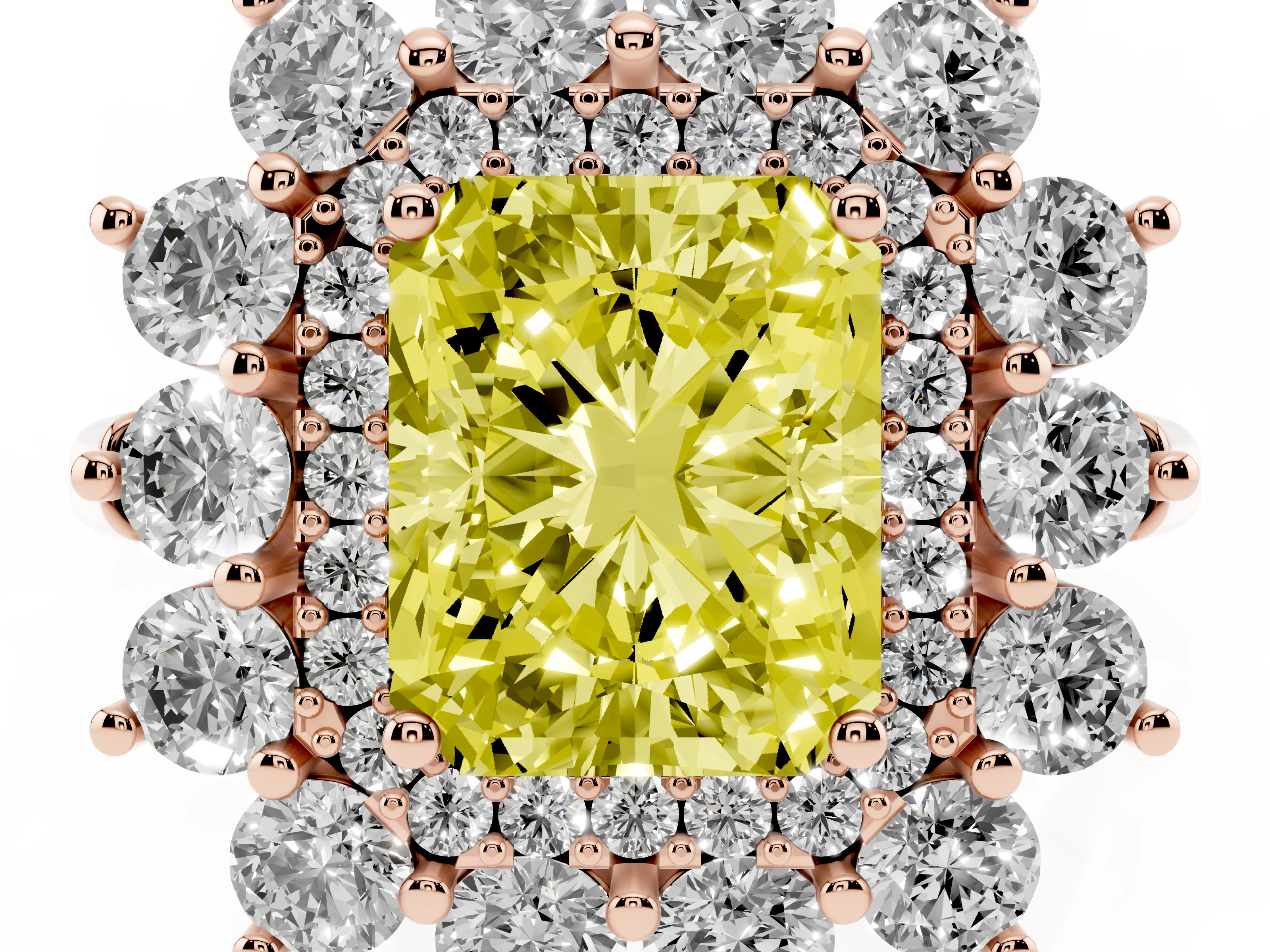 Fancy Yellow Radiant Cut Diamond Floral Double Halo Ring Set in Rose gold with Round Petals