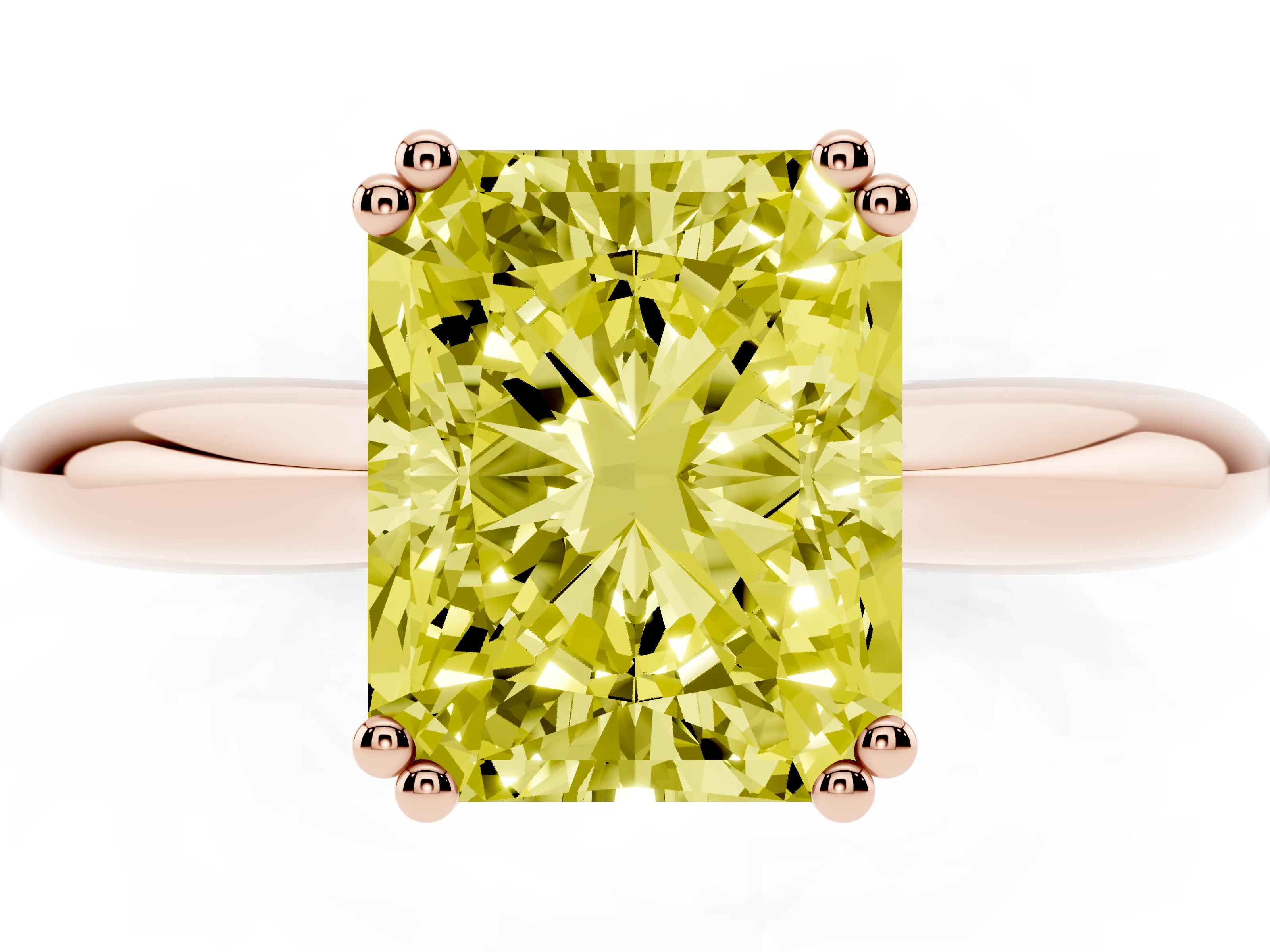 Fancy Yellow Radiant Cut Diamond Solitaire Engagement Ring Set in Rose gold with Tapered Band and Prong Setting