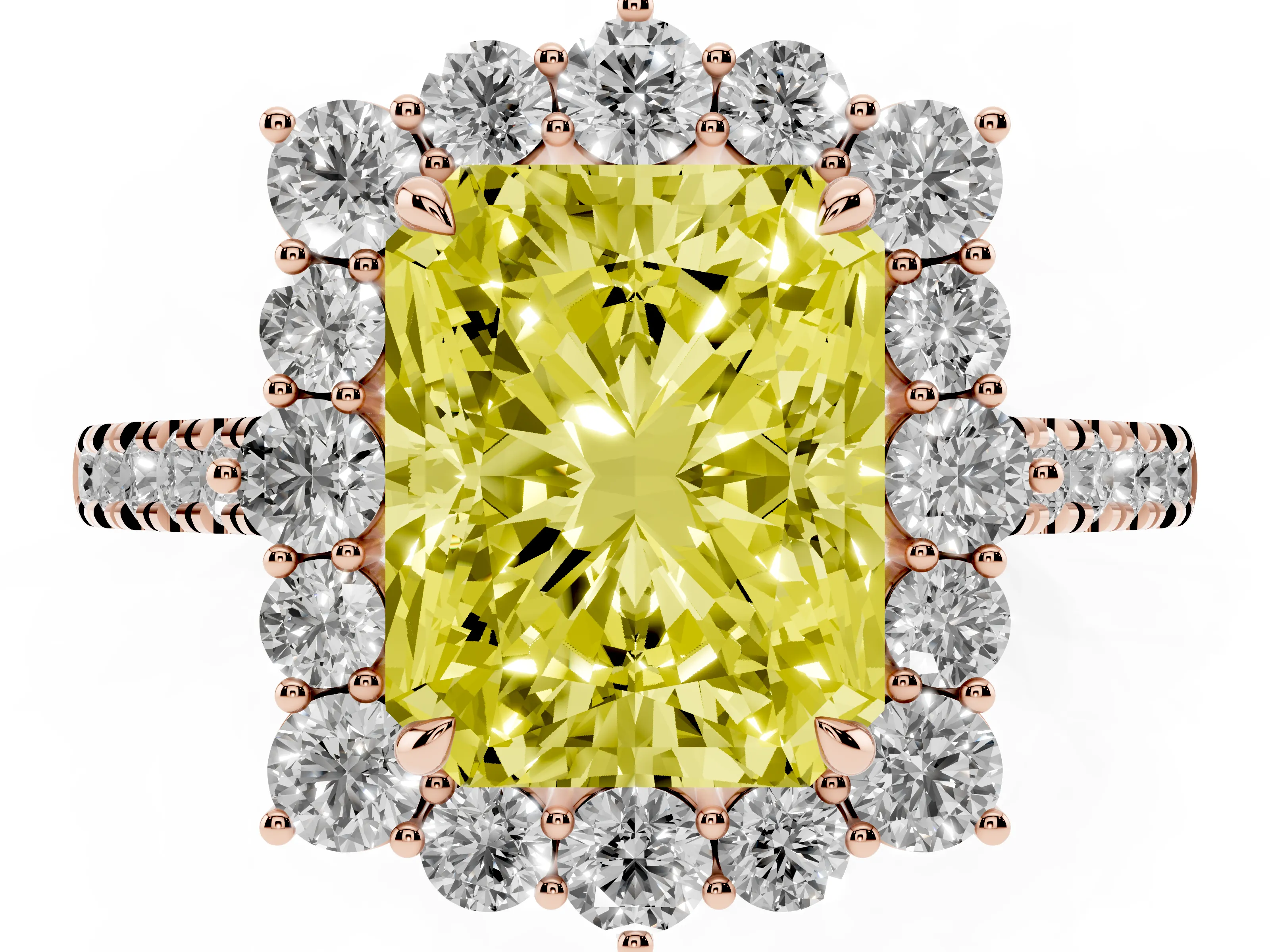 Fancy Yellow Radiant Cut Diamond Halo Ring Set in Rose gold with Pavé Band and Prong Setting